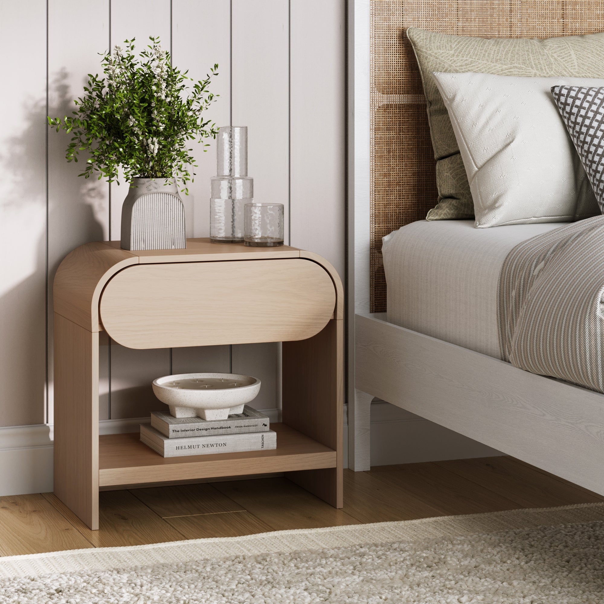 Iris Mid Century Modern Wood Arched Nightstand Oak | Nathan James