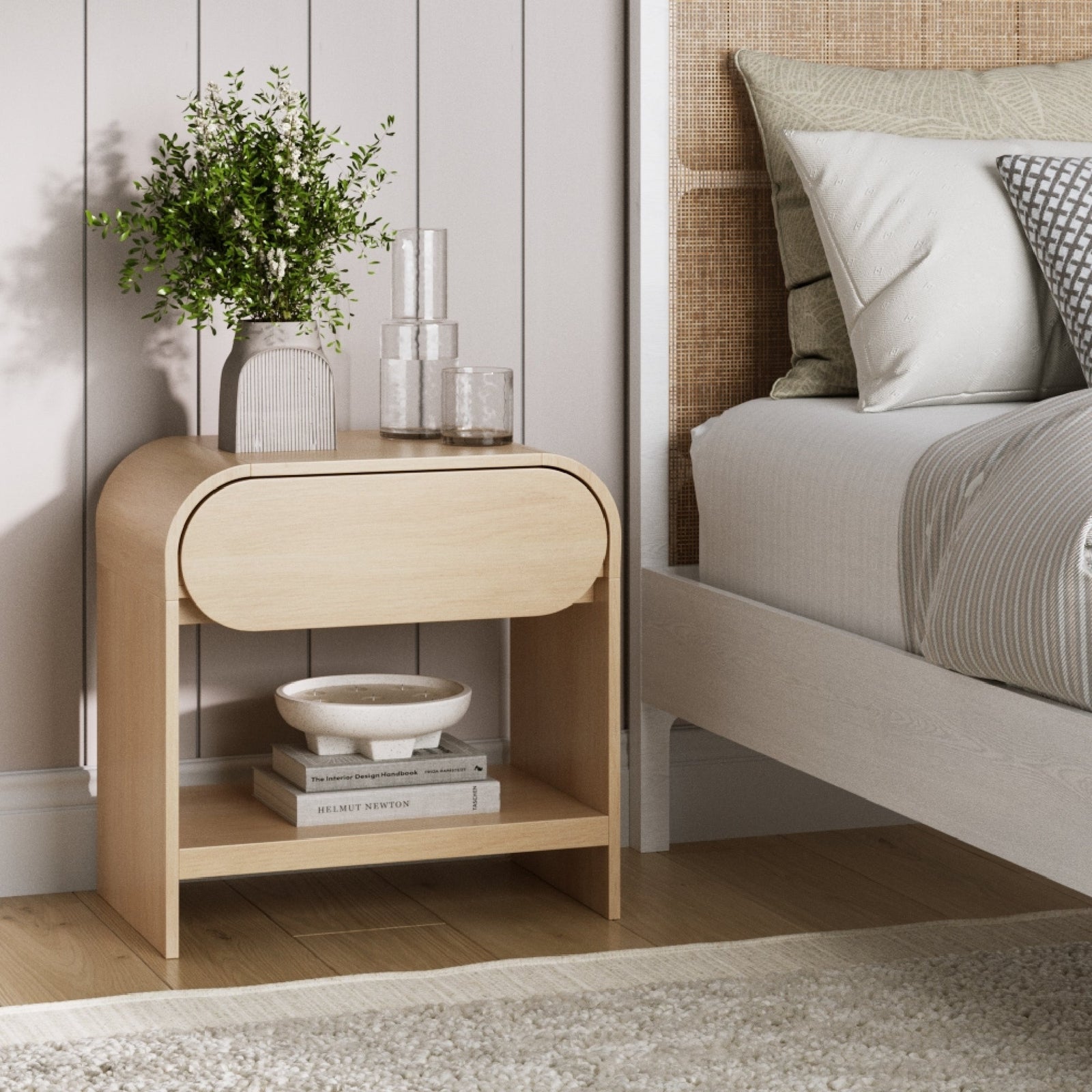 Iris Mid Century Modern Wood Arched Nightstand Oak | Nathan James
