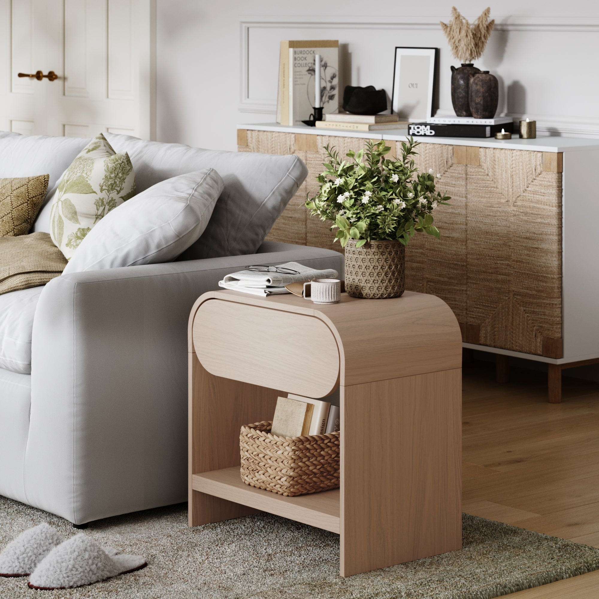 Iris Mid Century Modern Wood Arched Nightstand Oak | Nathan James