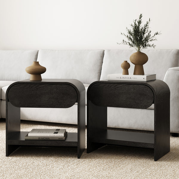 Mid-Century Wood Arched Nightstand Black Oak (Set of 2)