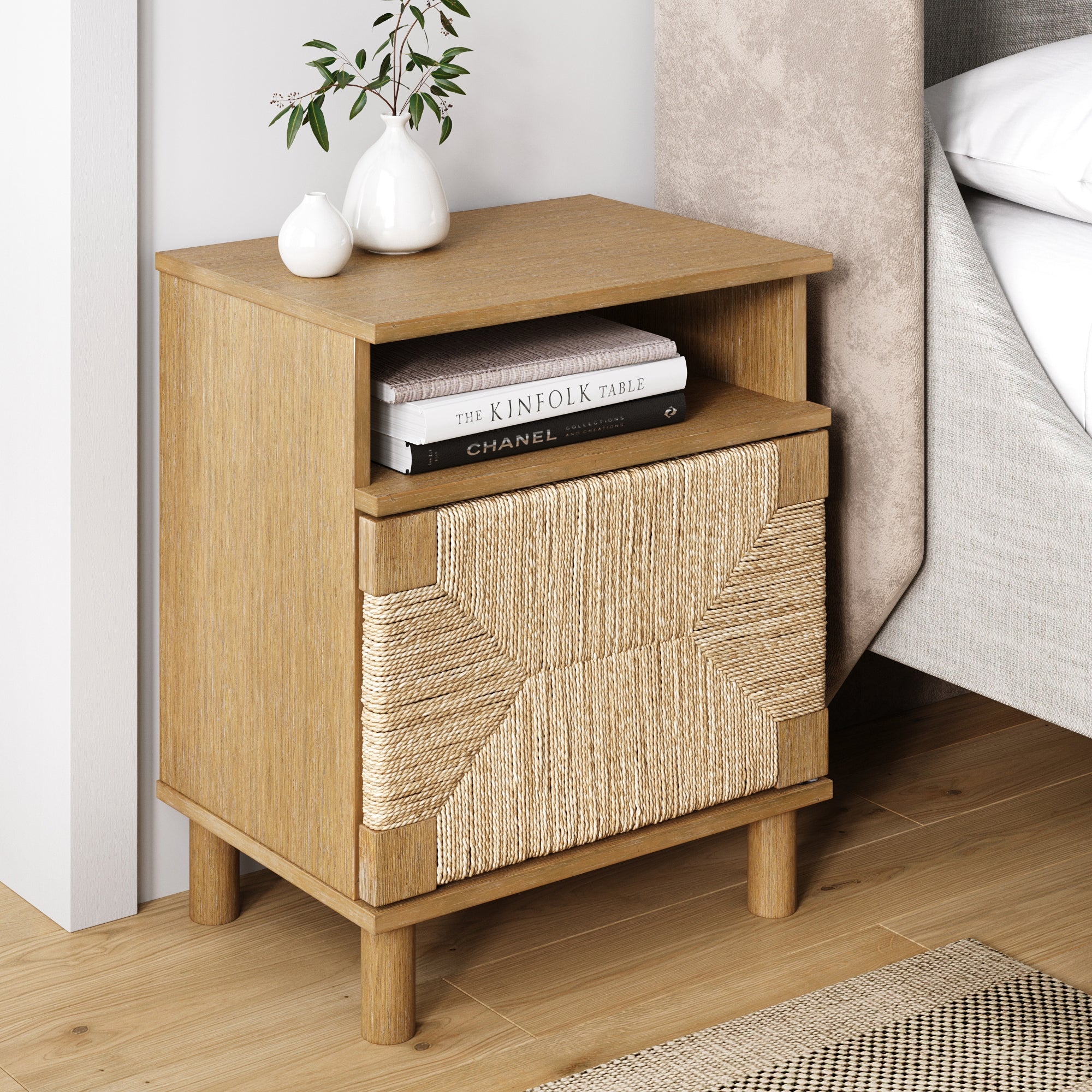 Beacon Wood Nightstand, Bohemian Accent Table or Sofa Side Table with Seagrass Door for Bedroom or Living Room - Light Brown, image size:2000x2000