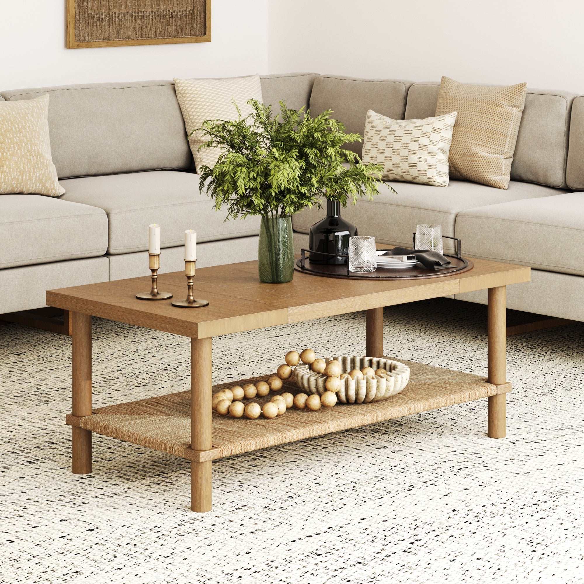 Boho Seagrass & Wood Coffee Table