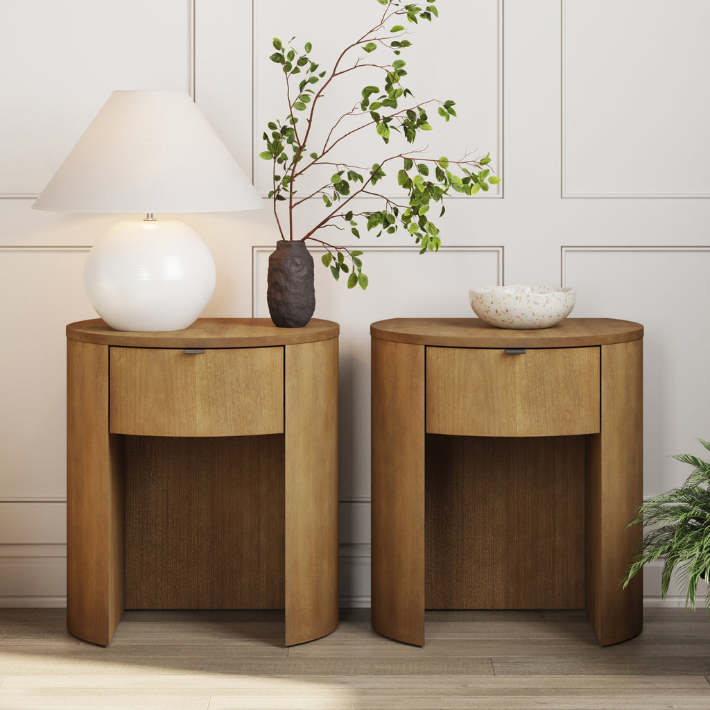 Modern Wood Curved Nightstand Drawer Light