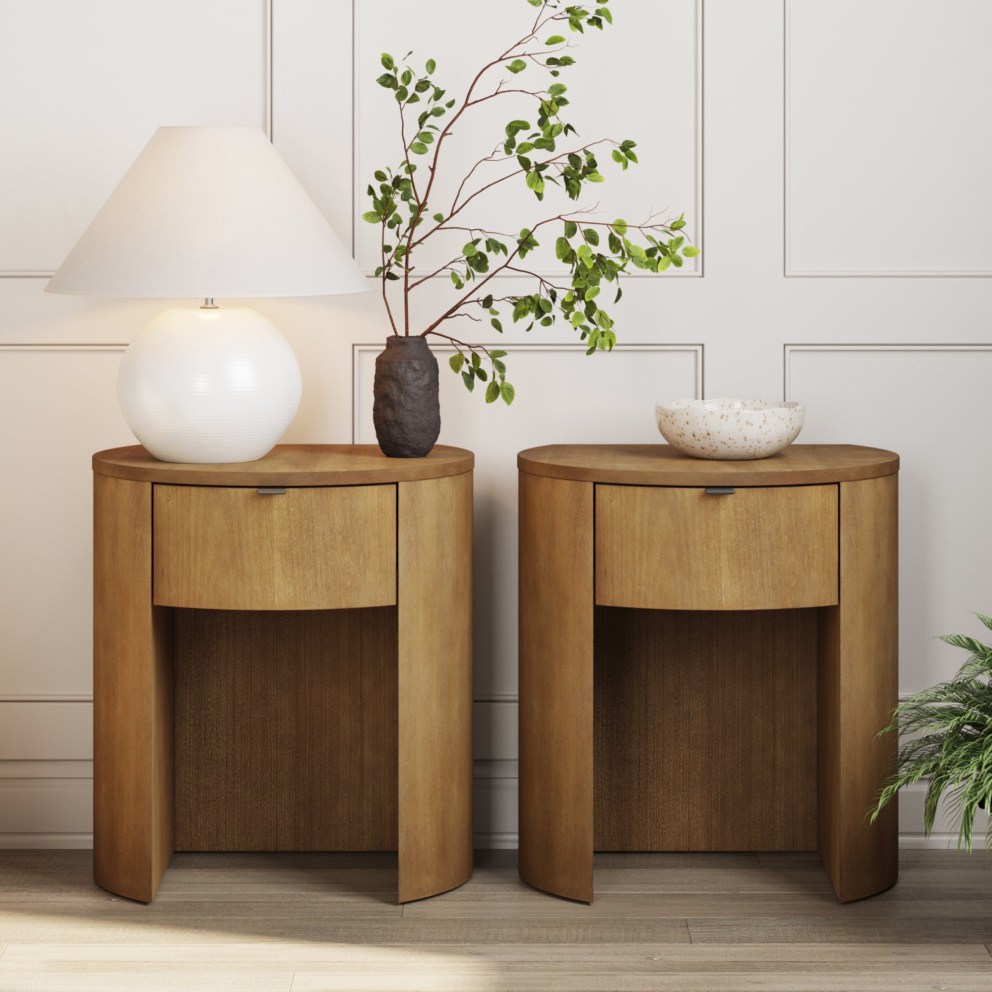Modern Wood Curved Nightstand with Drawer Light Brown (Set of 2)