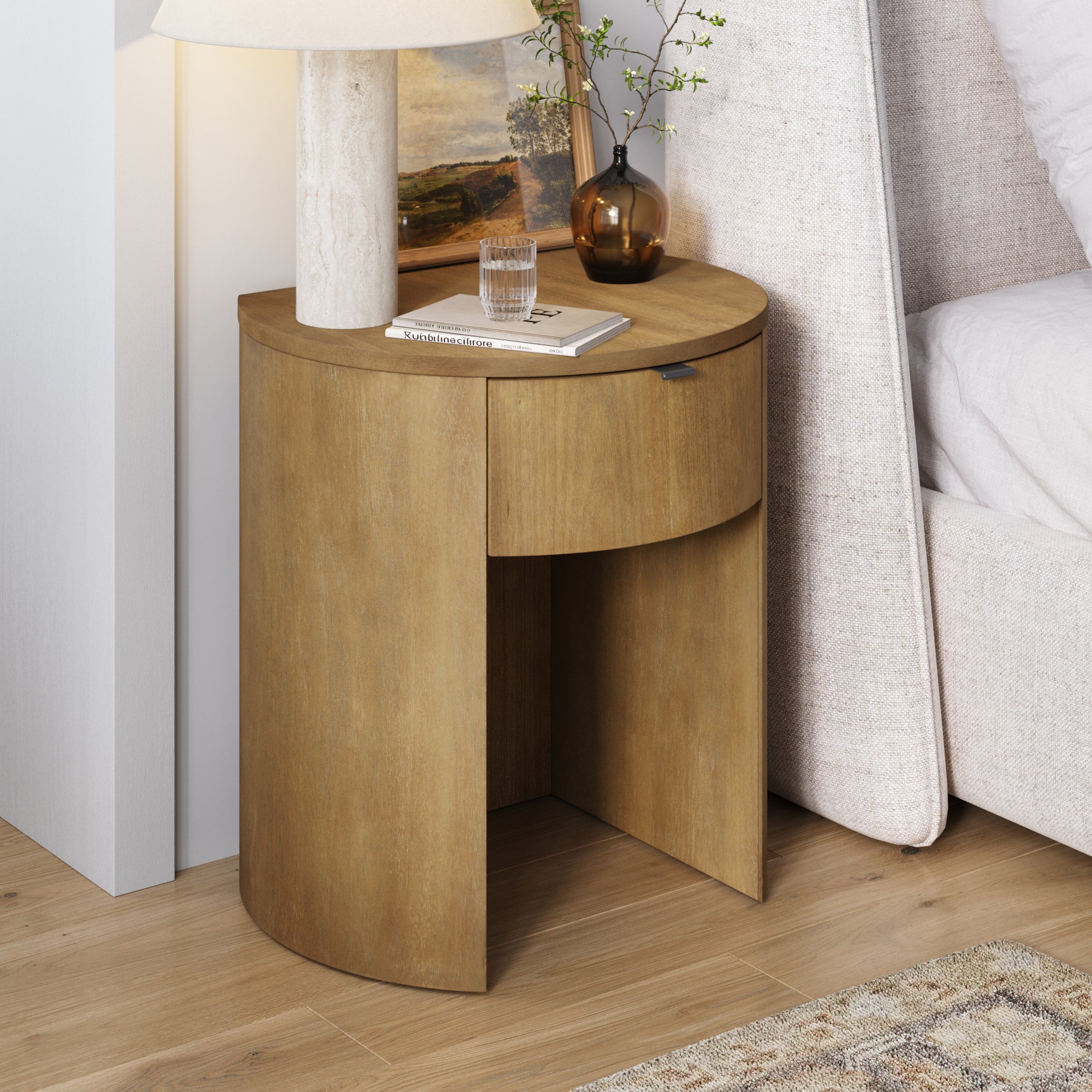 Modern Wood Curved Nightstand with Drawer Light Brown