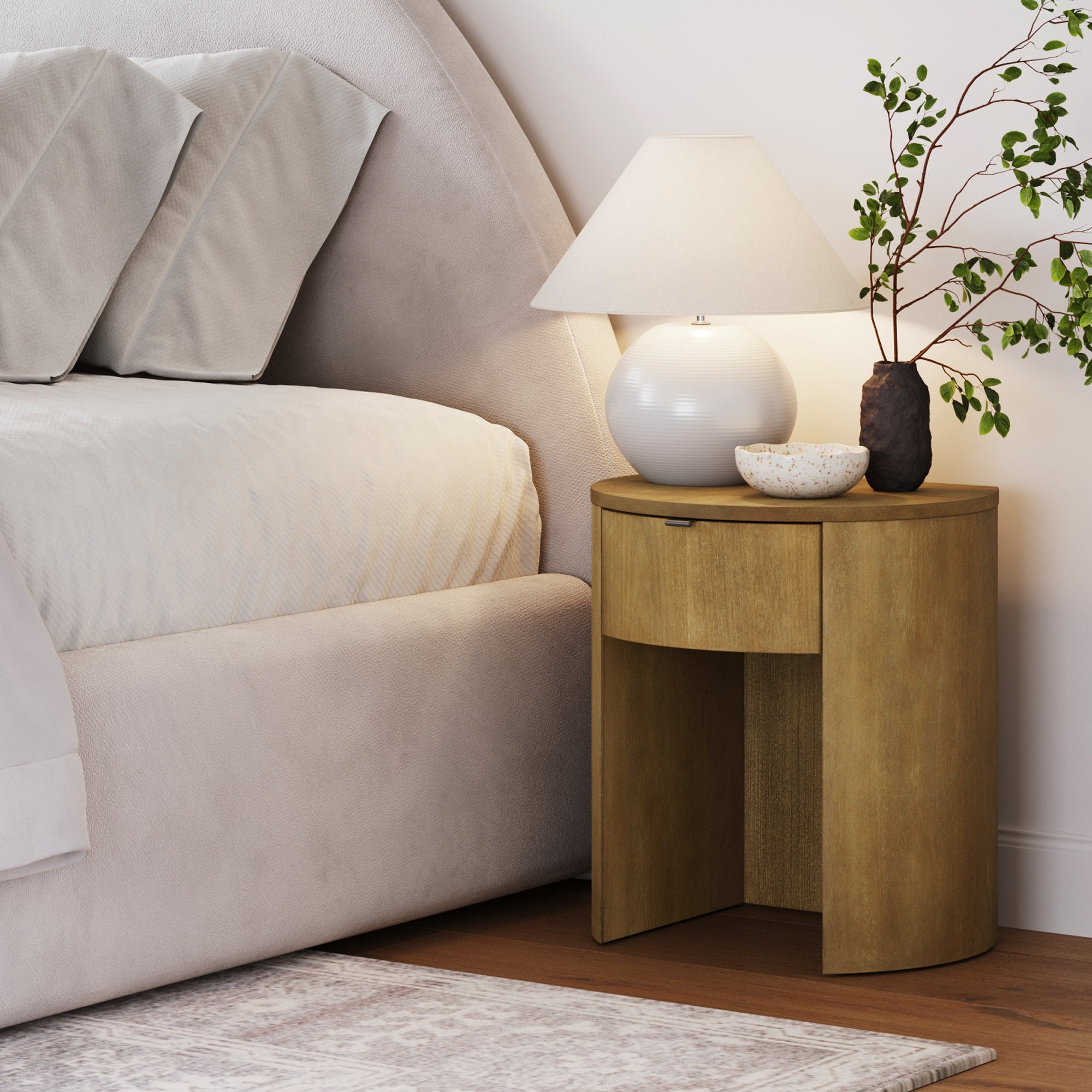 Modern Wood Curved Nightstand with Drawer Light Brown