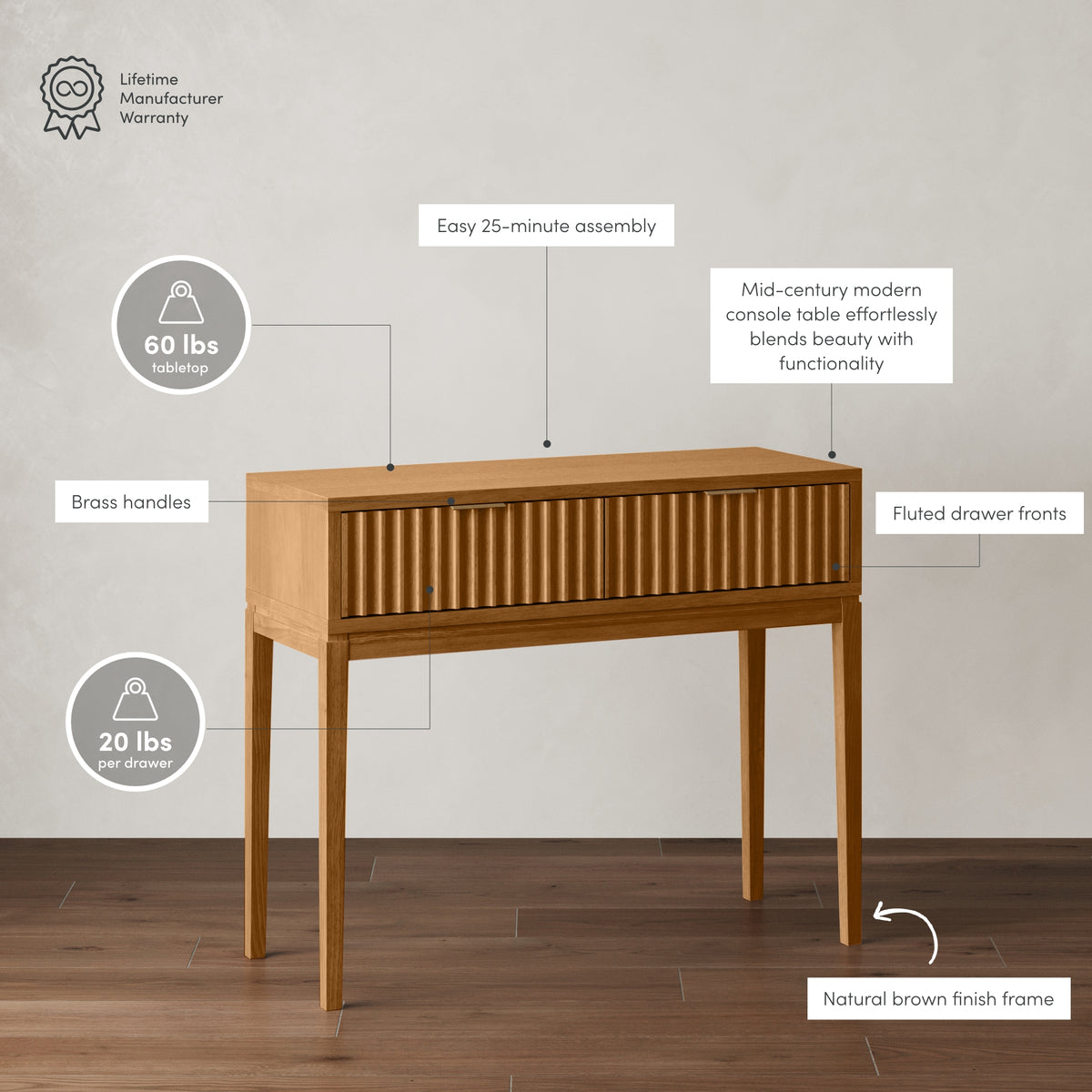 Wood Fluted Storage Console Sofa Table Warm Pine | Nathan James