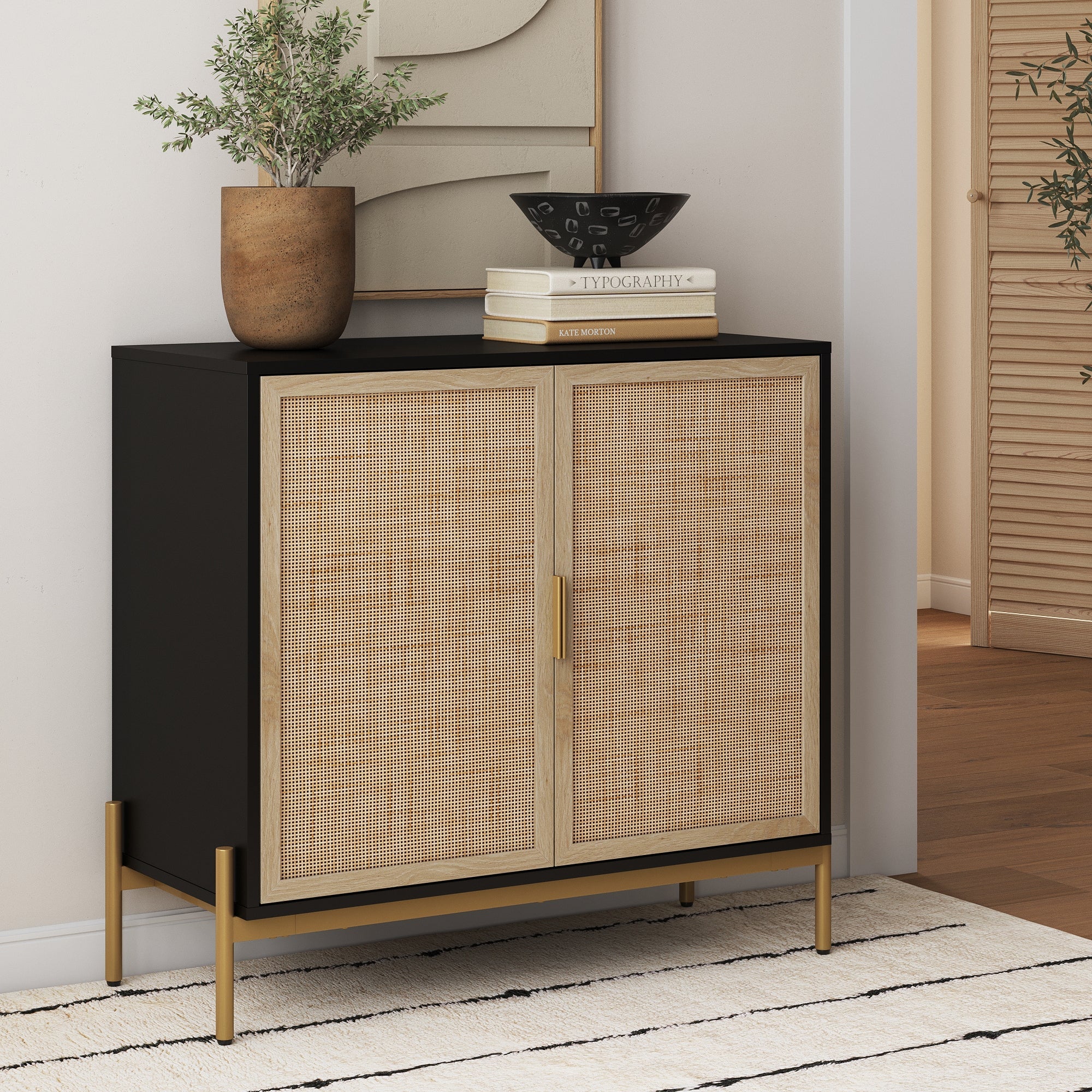 Boho Rattan & Wood Storage Cabinet Black