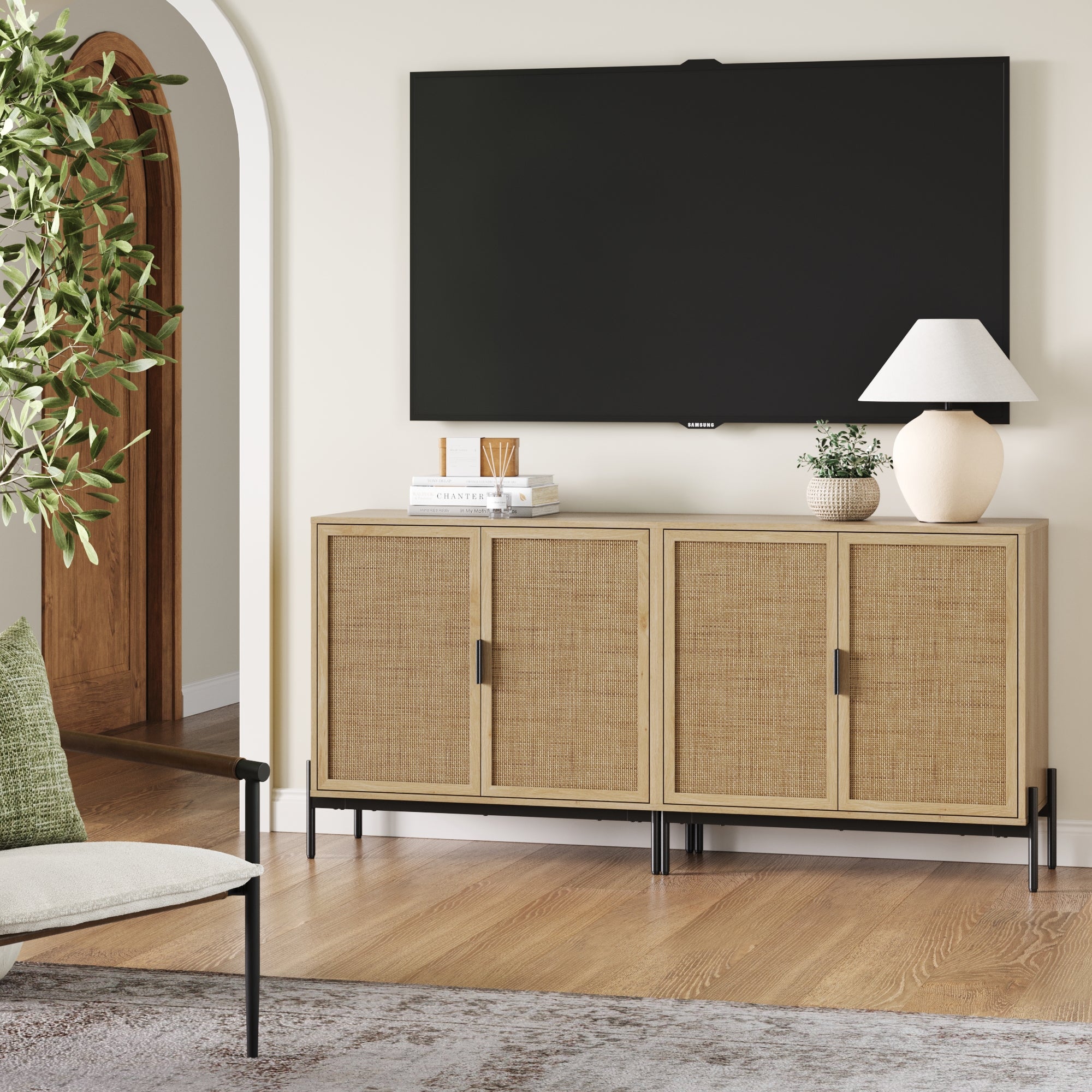 Boho Rattan TV Console for TVs 55 - 65" with Metal Legs Light Oak - Nathan James