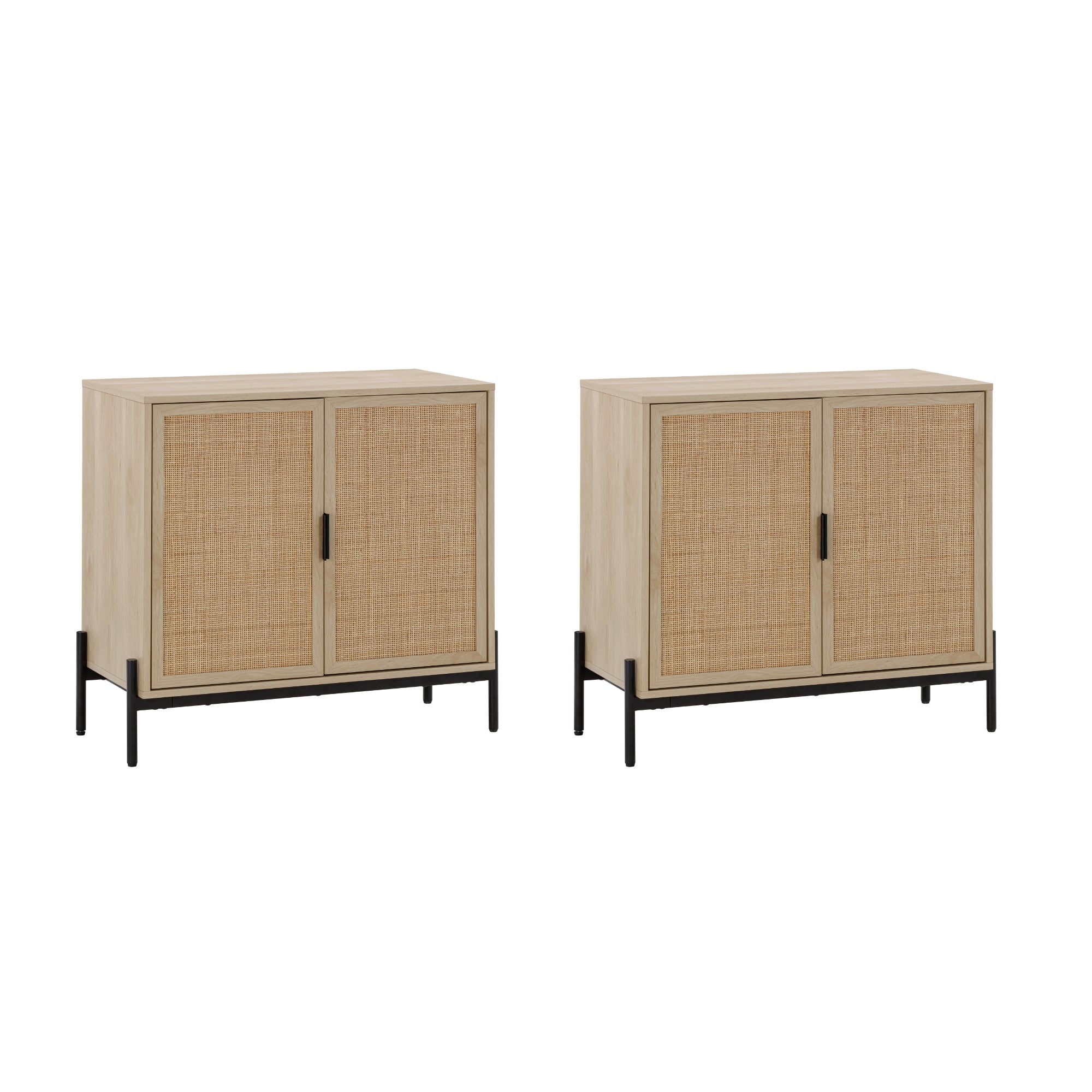 Two identical light wood storage cabinets with woven rattan doors and black metal legs, placed side by side against a white background.