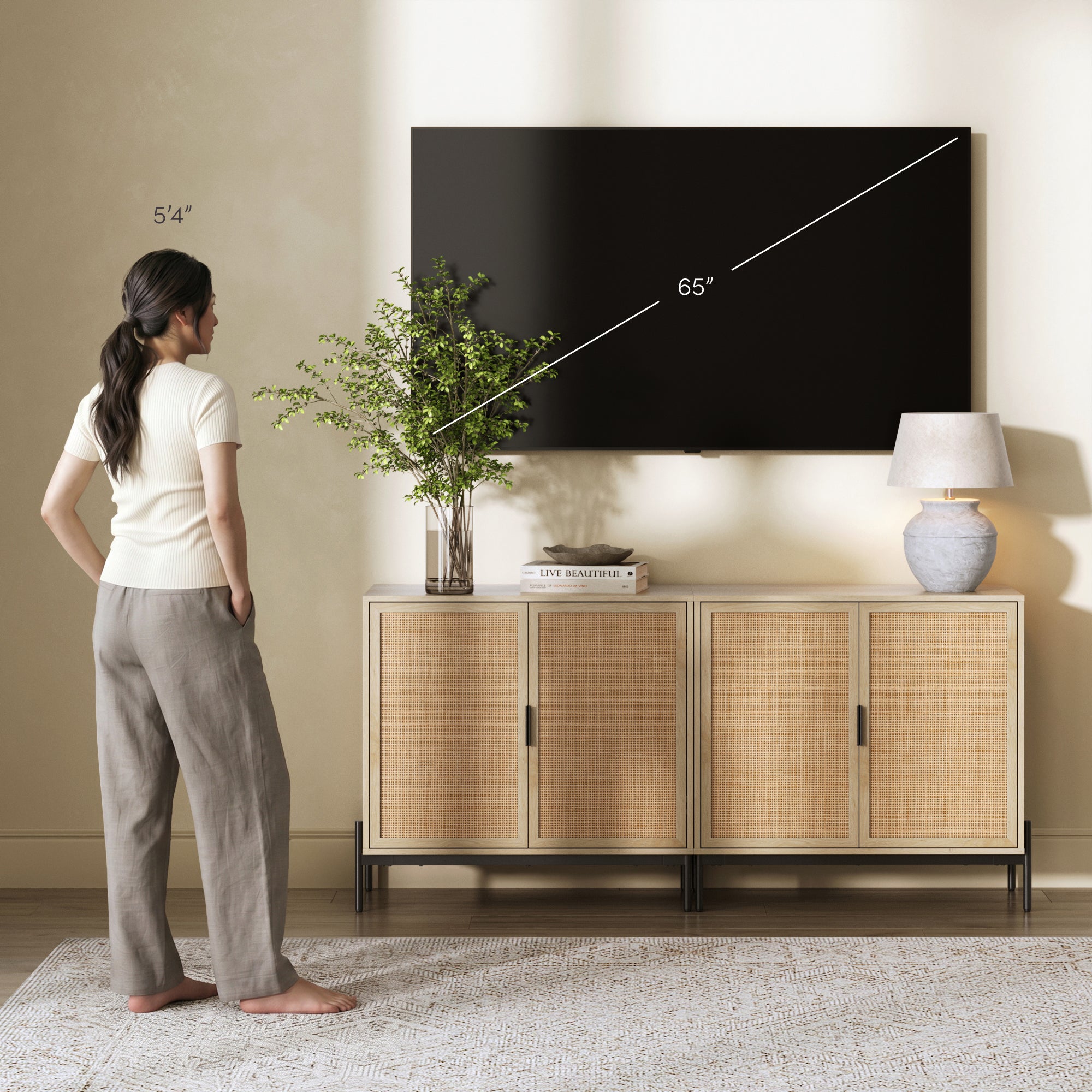 Boho Rattan TV Console for TVs up to 65" with Metal Legs Light Oak - Nathan James