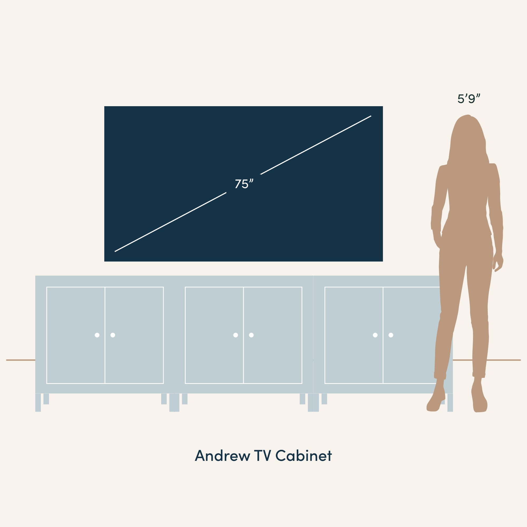 Illustration of an Andrew TV cabinet with a large TV (75-inch diagonal) on top and a silhouette of a person 59 tall standing beside for scale.