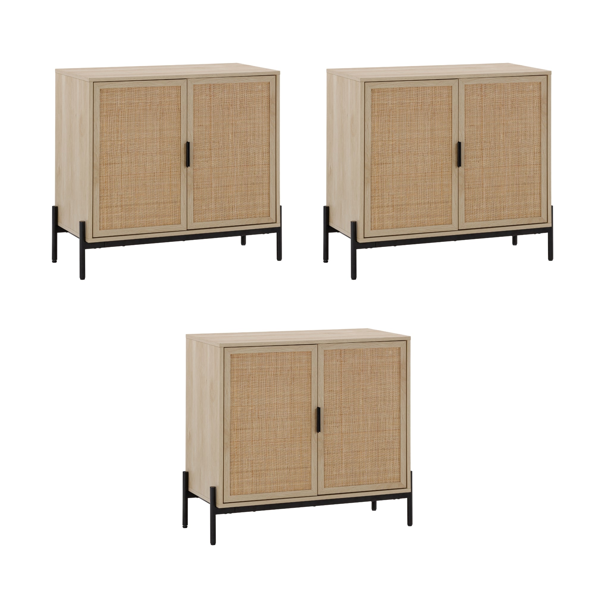Three light wood storage cabinets with woven rattan doors and black metal legs are shown against a white background, arranged in a loose triangular pattern.
