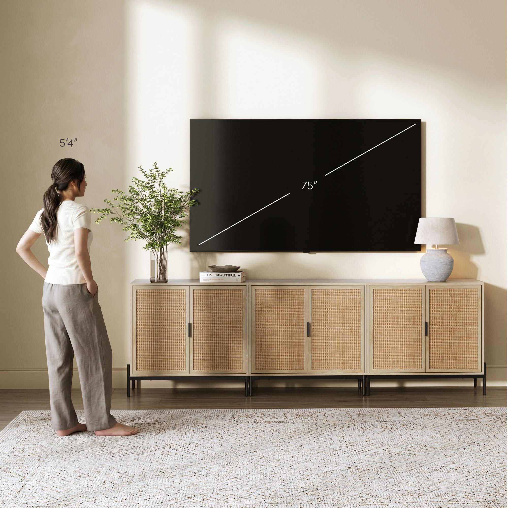 Boho Rattan TV Console for TVs up to 75" with Metal Legs Light Oak - Nathan James