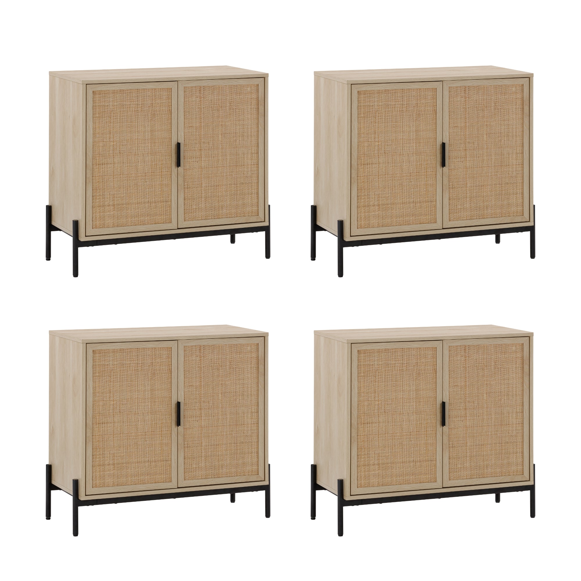 Four identical two-door cabinets with light wood frames, woven rattan fronts, black metal handles, and black metal legs, arranged in a grid on a white background.