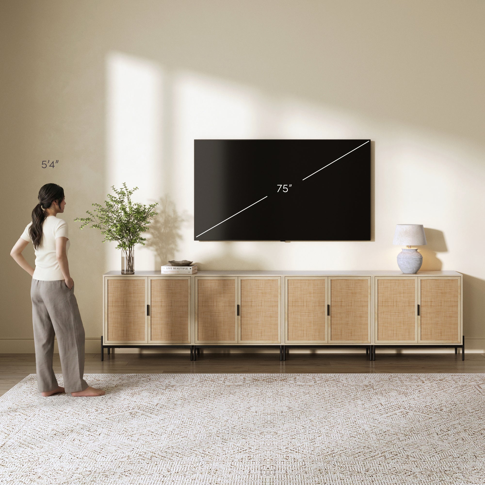 Boho Rattan TV Console for TVs up to 100" with Metal Legs Light Oak - Nathan James