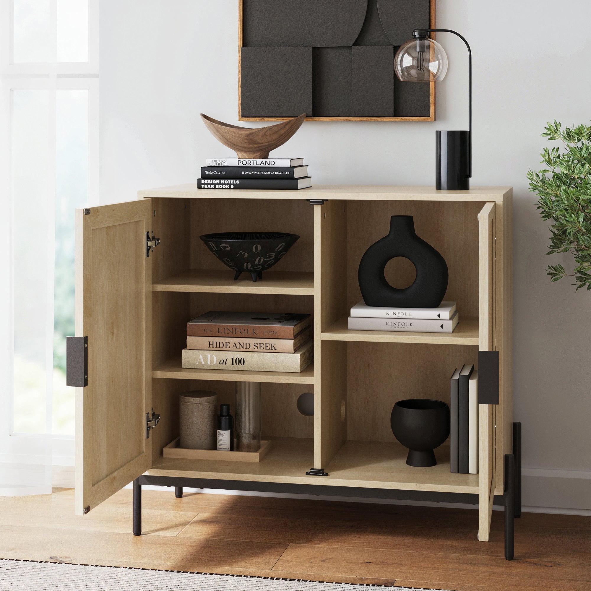 Boho Rattan TV Console for TVs up to 100" with Metal Legs Light Oak - Nathan James