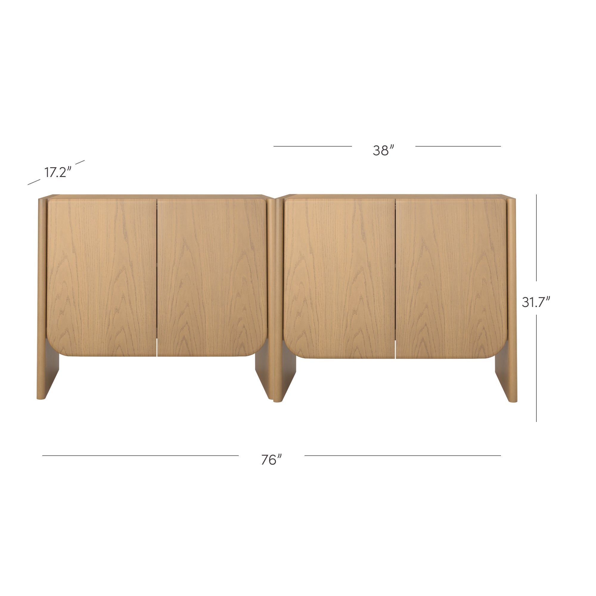 A light wood cabinet with two compartments, side by side. Dimensions are labeled: 76 wide, 17.2 deep, 31.7 high, and each compartment is 38 wide.