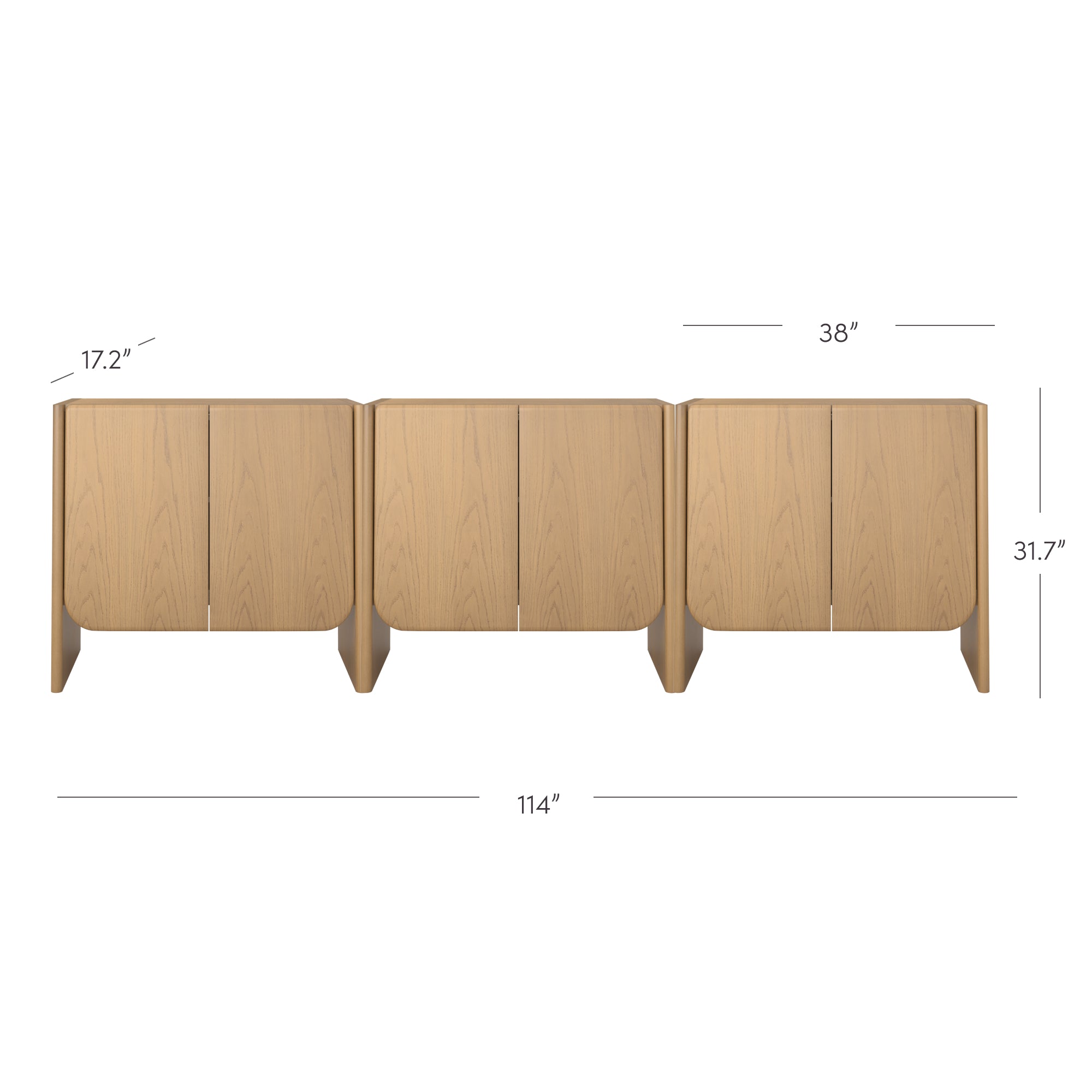 A modern wooden sideboard with three sections, rounded corners, and simple vertical doors. Dimensions are shown: 17.2 deep, 38 wide per section, 31.7 high, and a total width of 114.