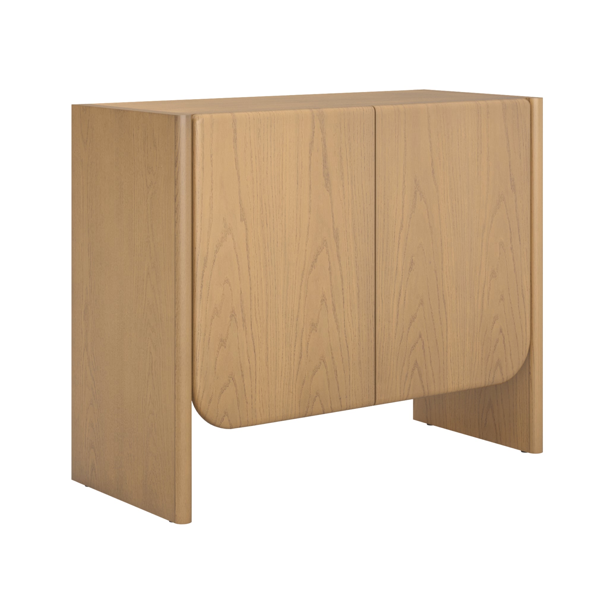 A light wood cabinet with a smooth finish, featuring two doors with rounded bottom corners and simple, modern design.