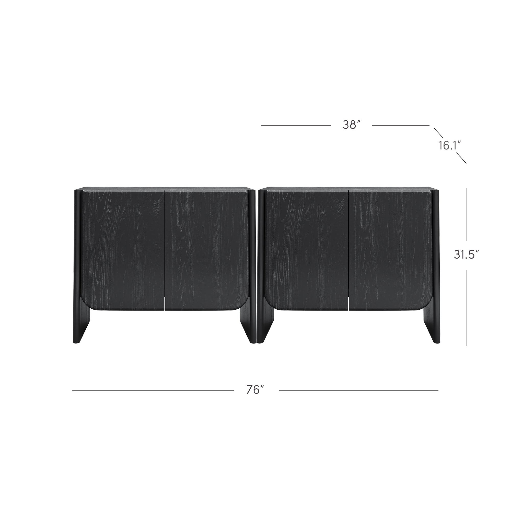 Two black wooden cabinets side by side with visible wood grain. Each cabinet is 38 inches wide, 31.5 inches tall, and 16.1 inches deep. Together, they measure 76 inches wide. Measurements are labeled around the cabinets.