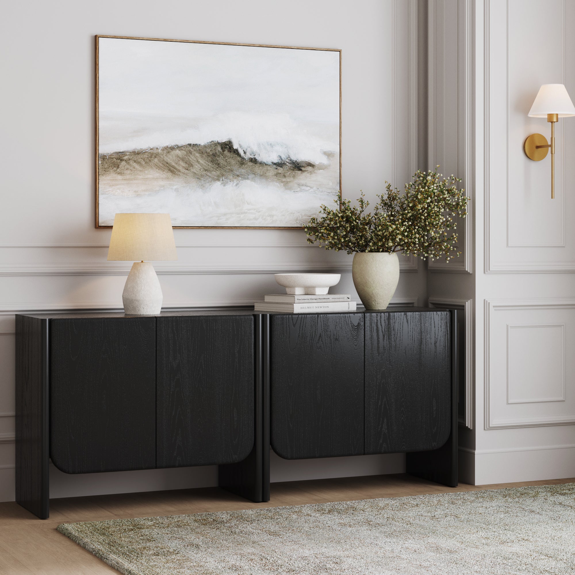 Rounded Wood Cabinet Credenza Black Oak (Set of 2) - Nathan James