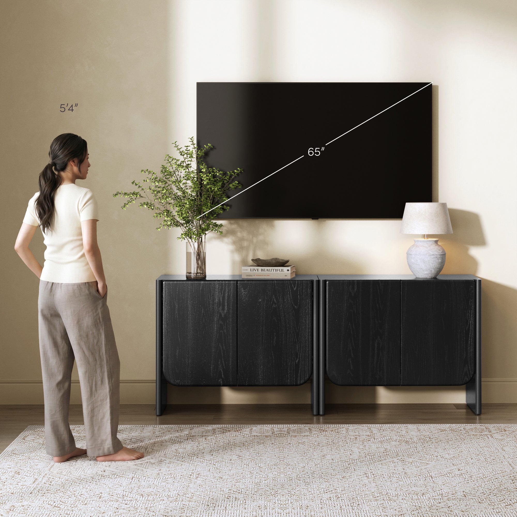 Rounded Wood TV Console Cabinet Black Oak for TVs up to 65" - Nathan James