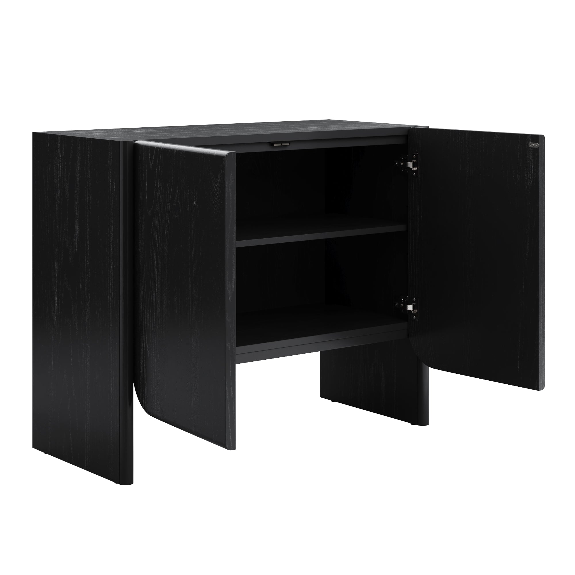 A black wooden cabinet with two open doors revealing an interior shelf. The design features smooth, rounded edges and a modern, minimalist style.