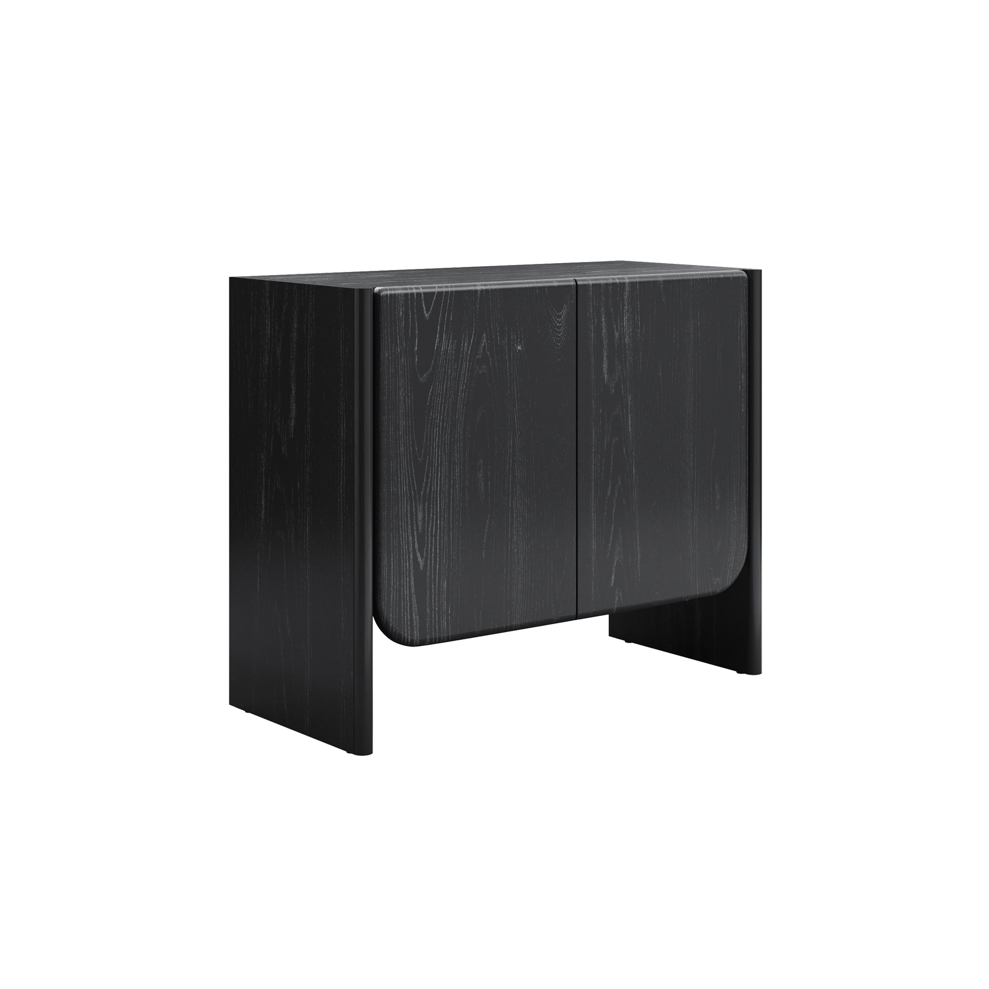 A modern black wooden cabinet with two front doors, smooth surfaces, and rounded lower edges, set against a plain white background.