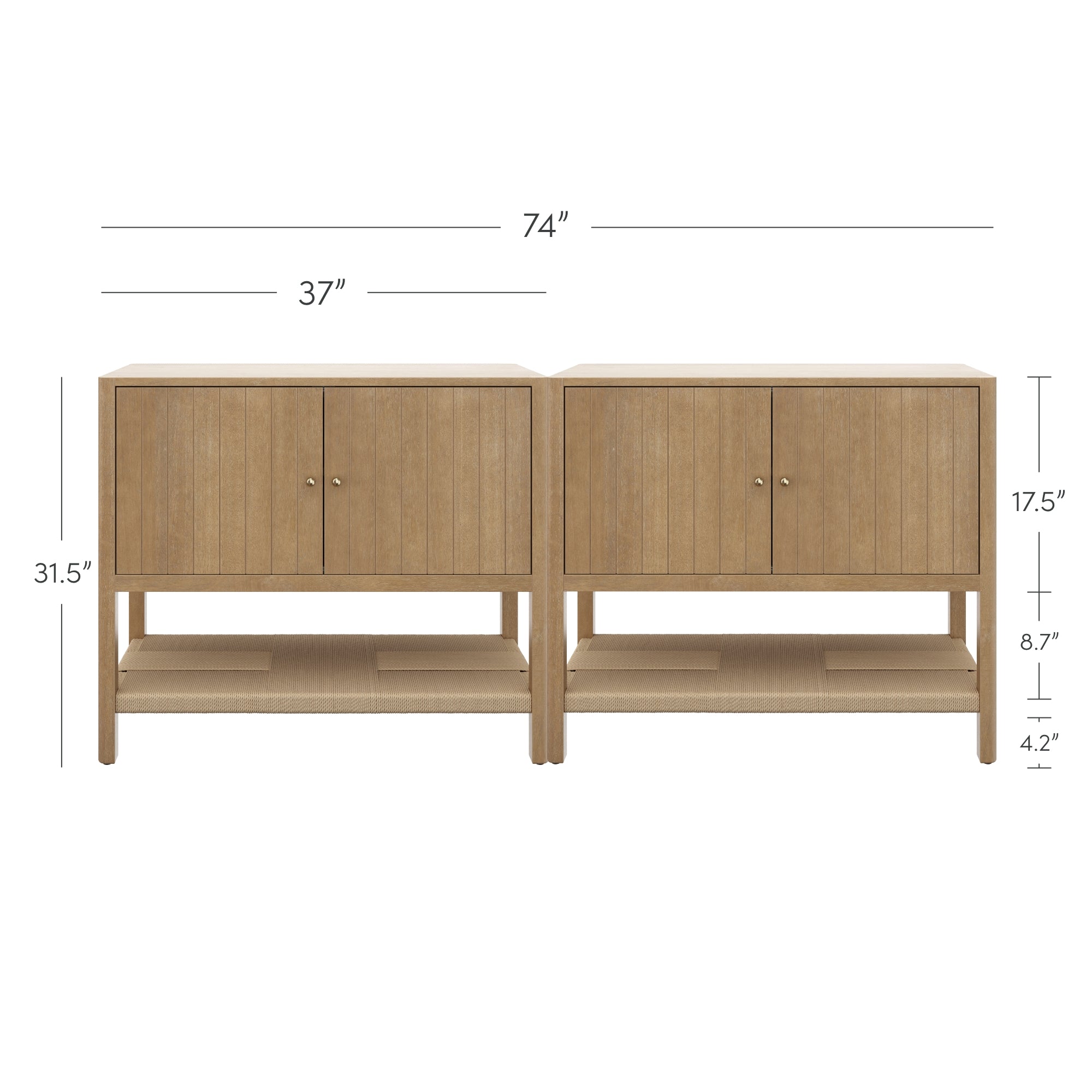 Two wooden cabinets side by side measure a total of 74 inches wide, 31.5 inches tall, and 17.5 inches deep. Each cabinet has double doors and an open lower shelf with detailed dimensions labeled.
