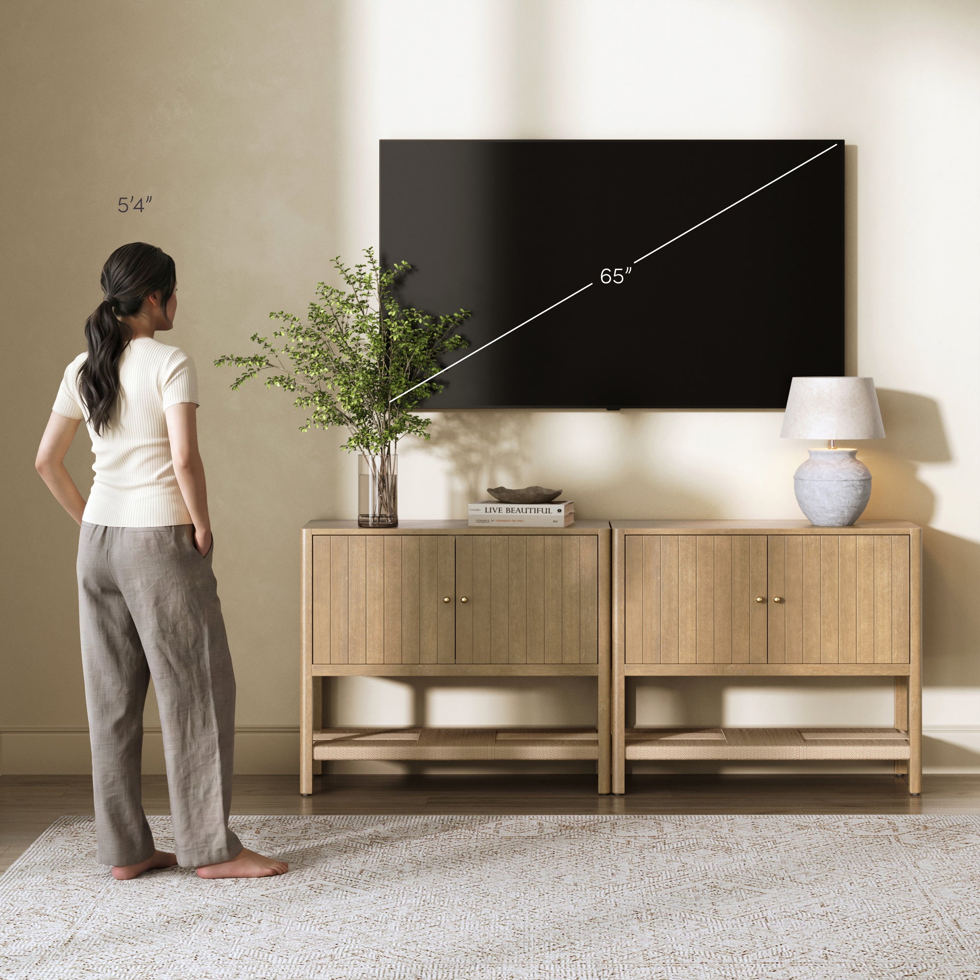 Wood TV Console with Open Seagrass Shelf for TVs up to 65" Light Brown - Nathan James