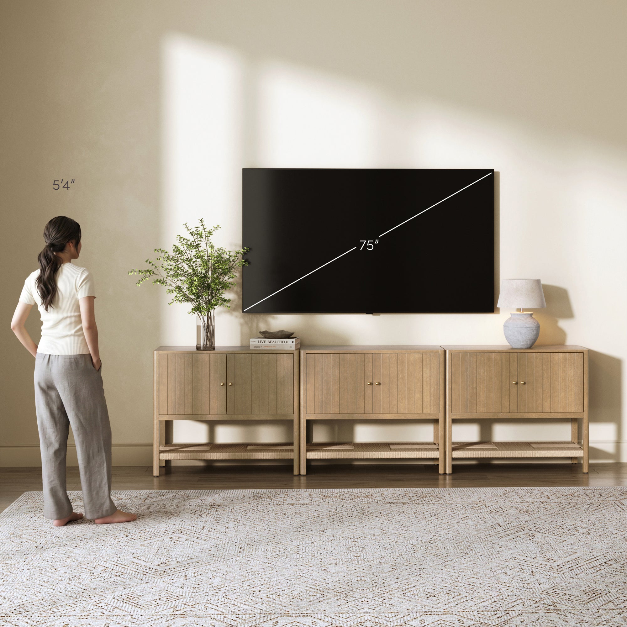 Wood TV Console with Open Seagrass Shelf for TVs up to 75" Light Brown - Nathan James