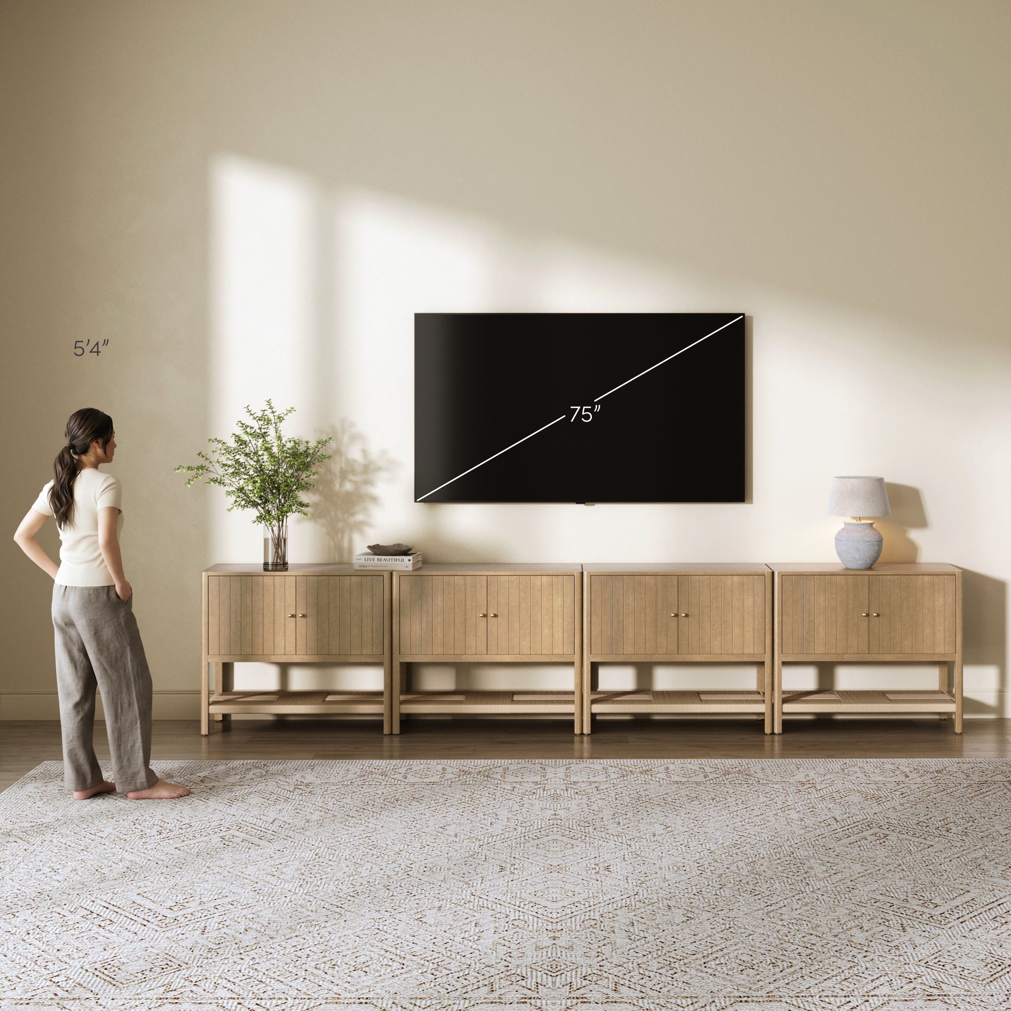 Meads TV Console Wood Open Seagrass Shelf Light Brown | Nathan James