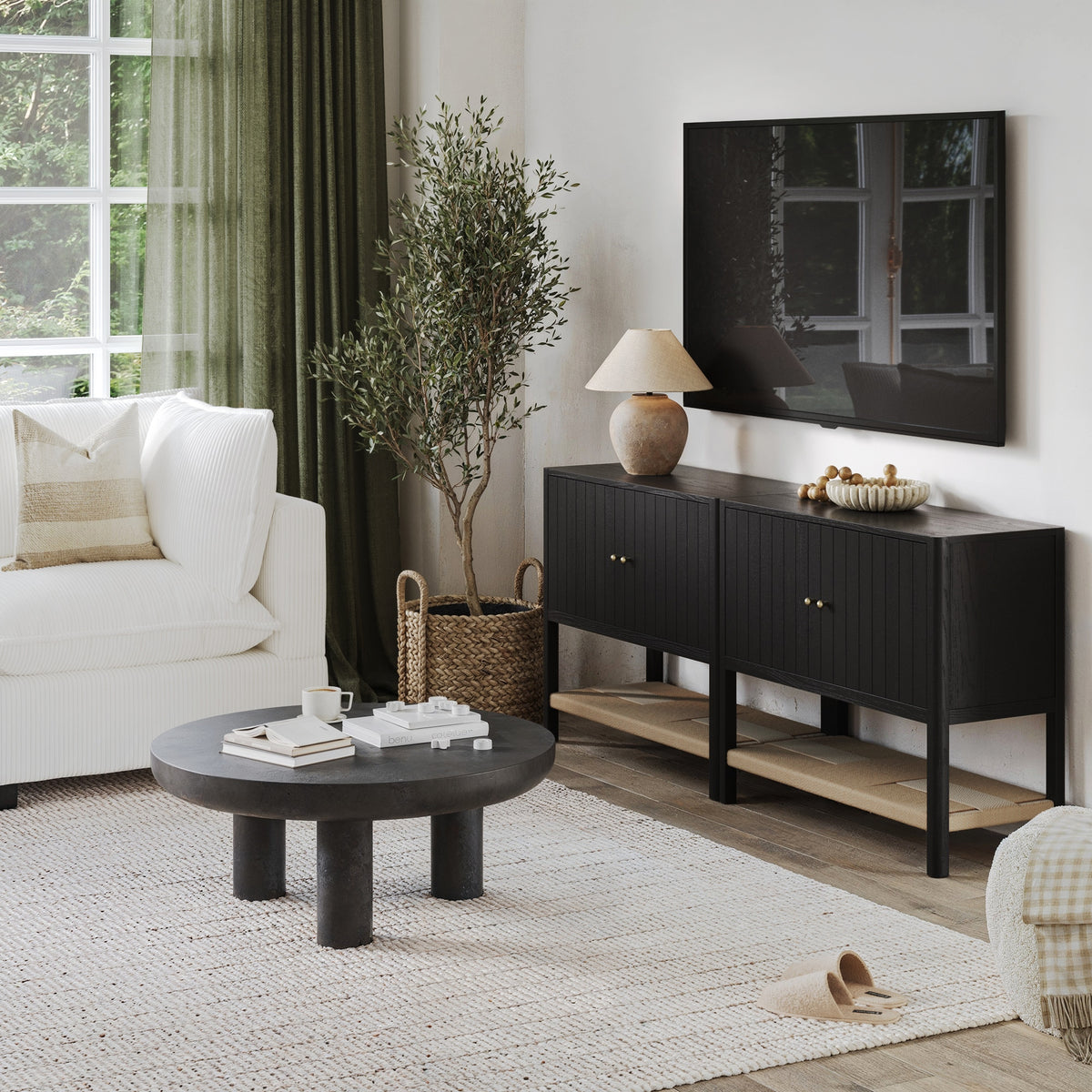Meads TV Console Wood Open Seagrass Shelf Black Oak | Nathan James