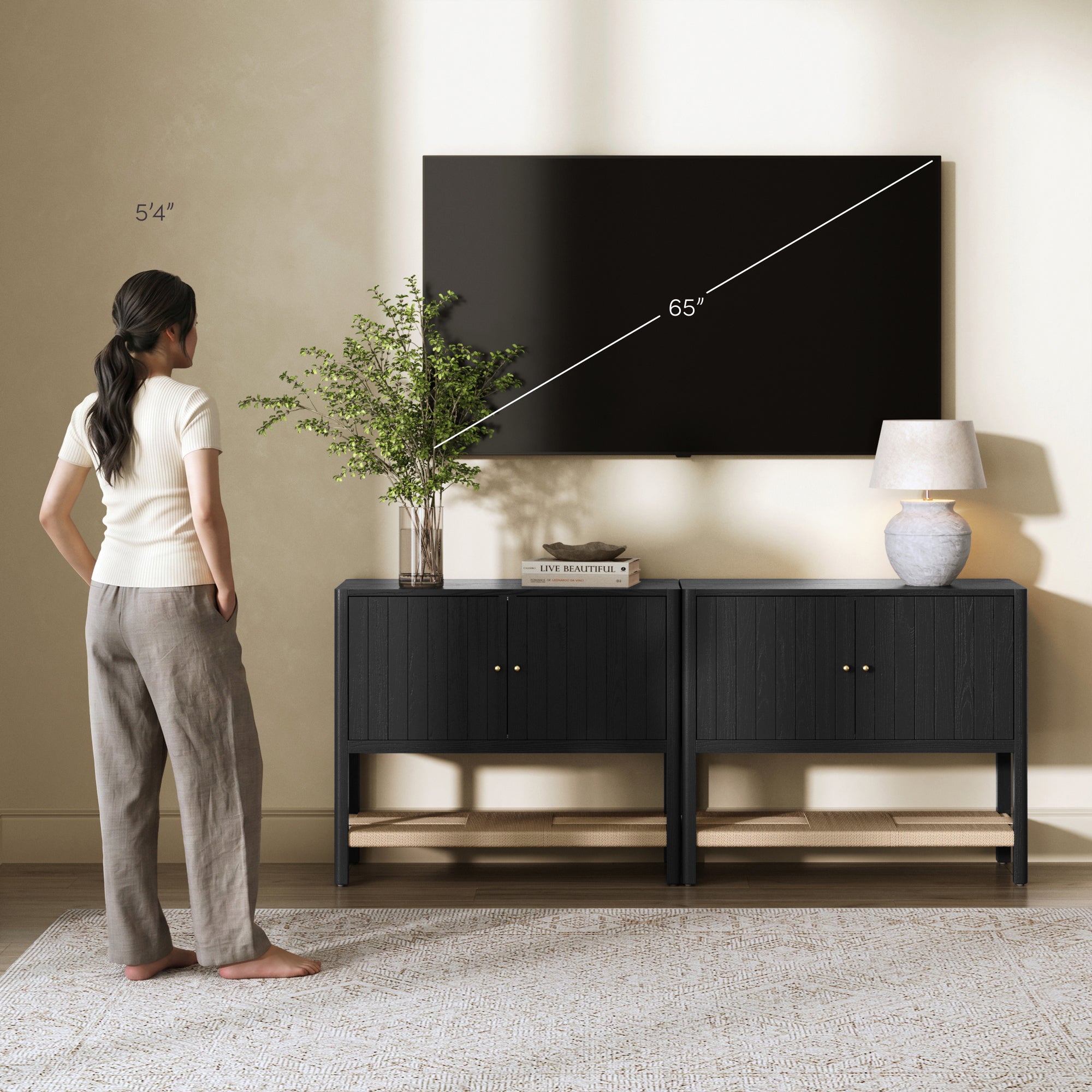 Wood TV Console with Open Seagrass Shelf for TVs up to 65" Black Oak - Nathan James