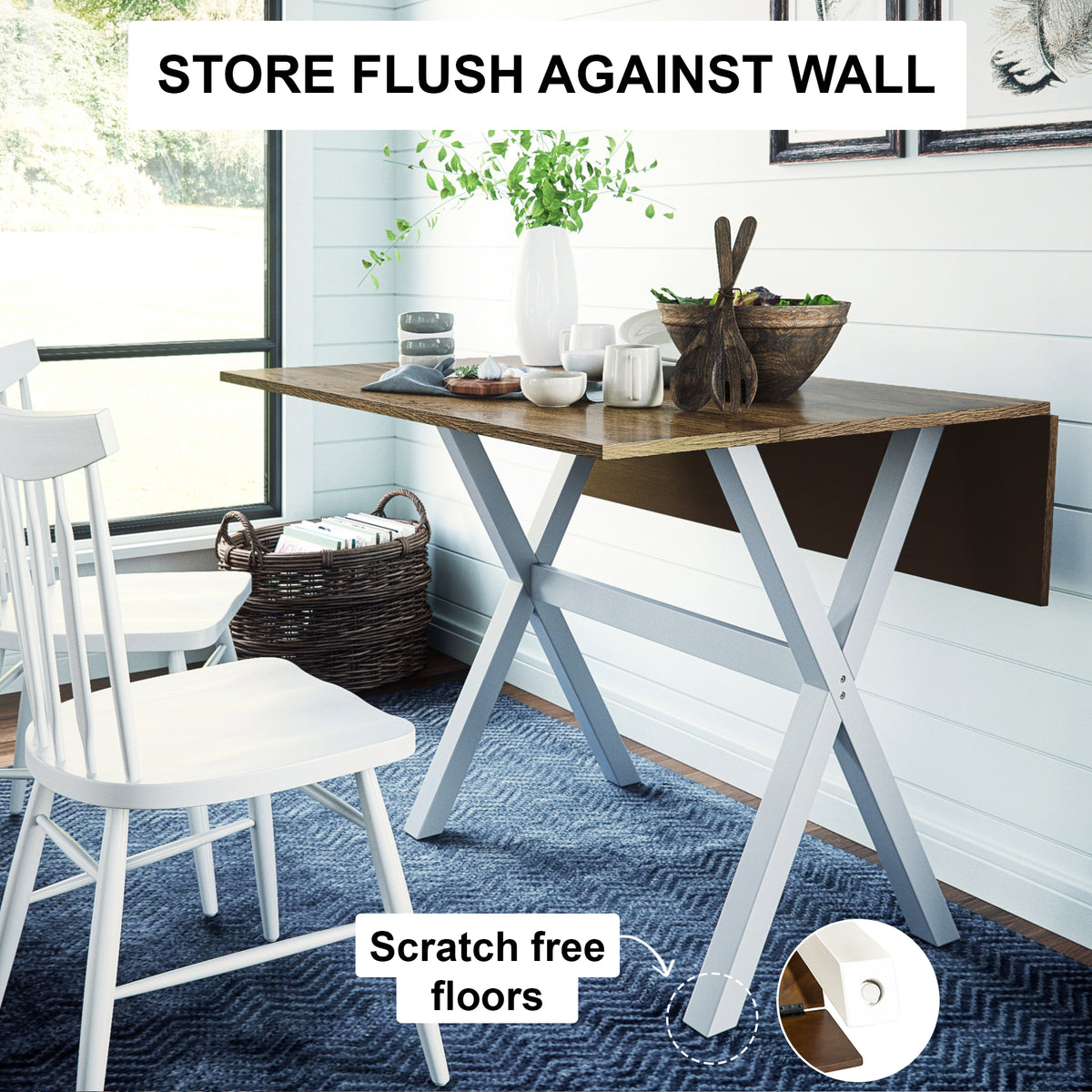 Kalos Oak & White Farmhouse Wood Drop Leaf Dining Table Nathan James