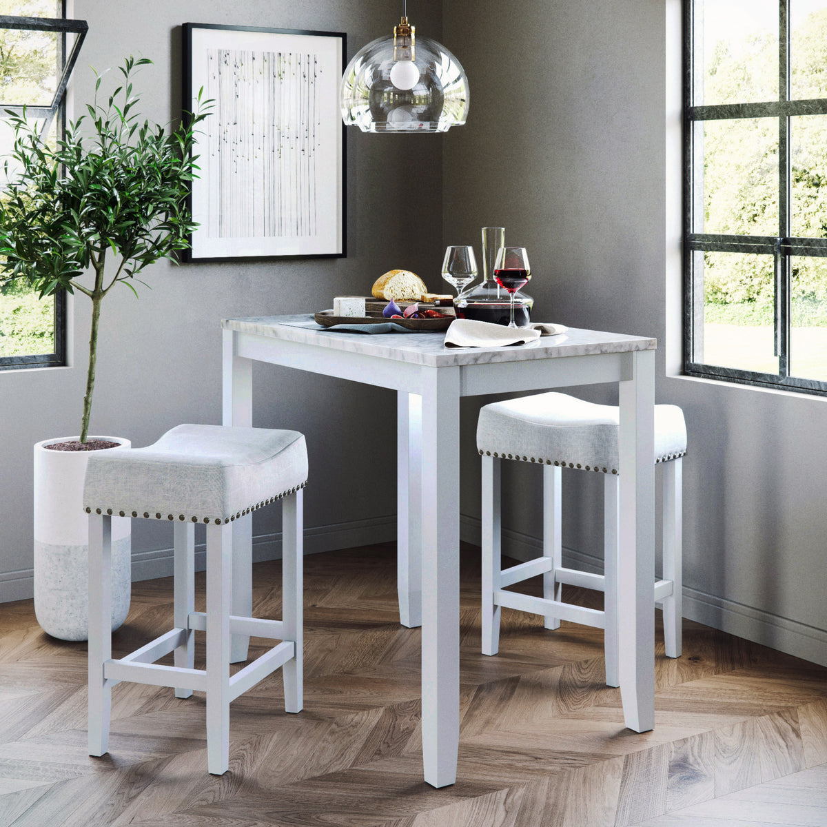 Viktor White 3Piece Dining Set with Counter Bar Stools Nathan James