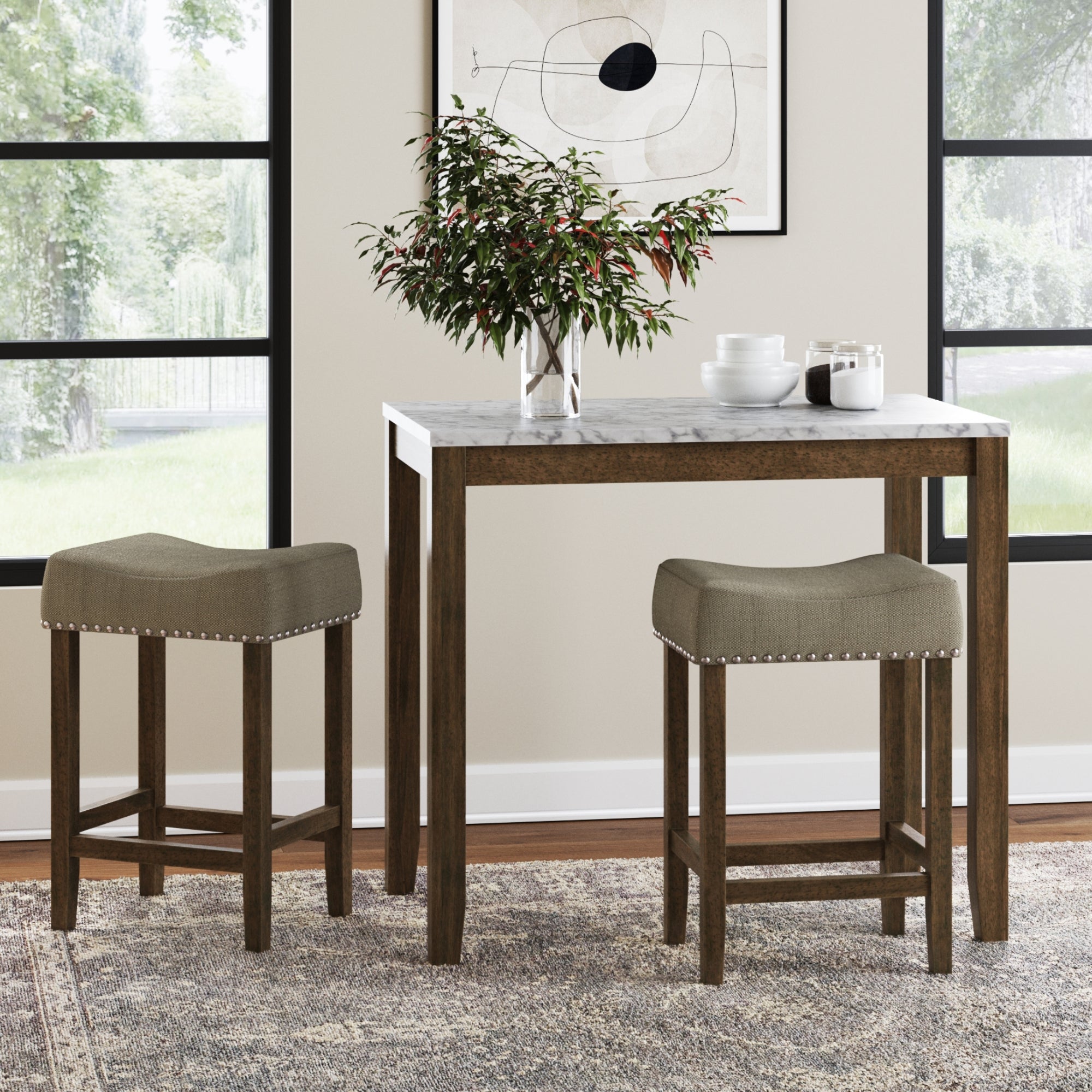 Wood Dining Table & Stool Set Brown