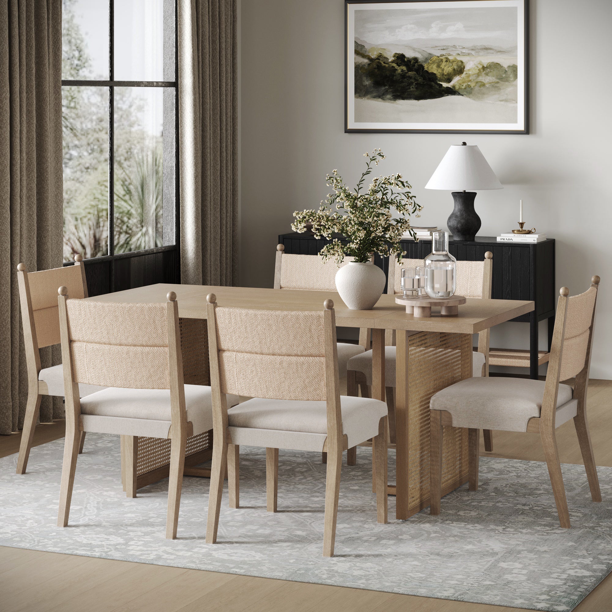 Rattan Dining Table with Flax Upholstered Chairs Set of 6