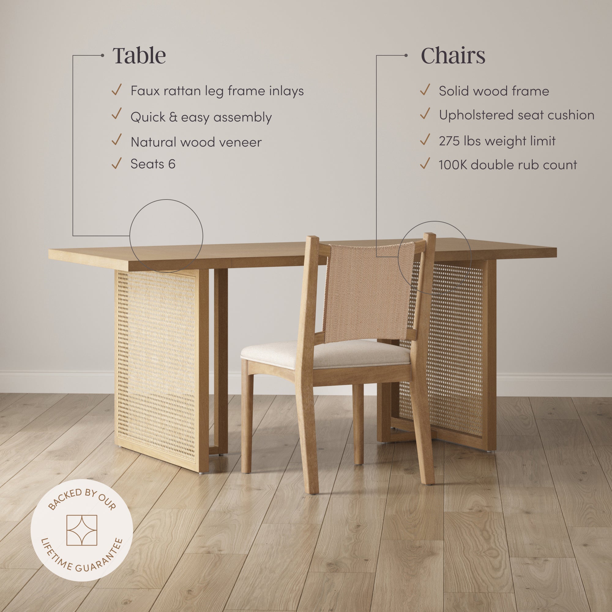 Rattan Boho Dining Table with Seagrass Chairs Set of 6 - Nathan James