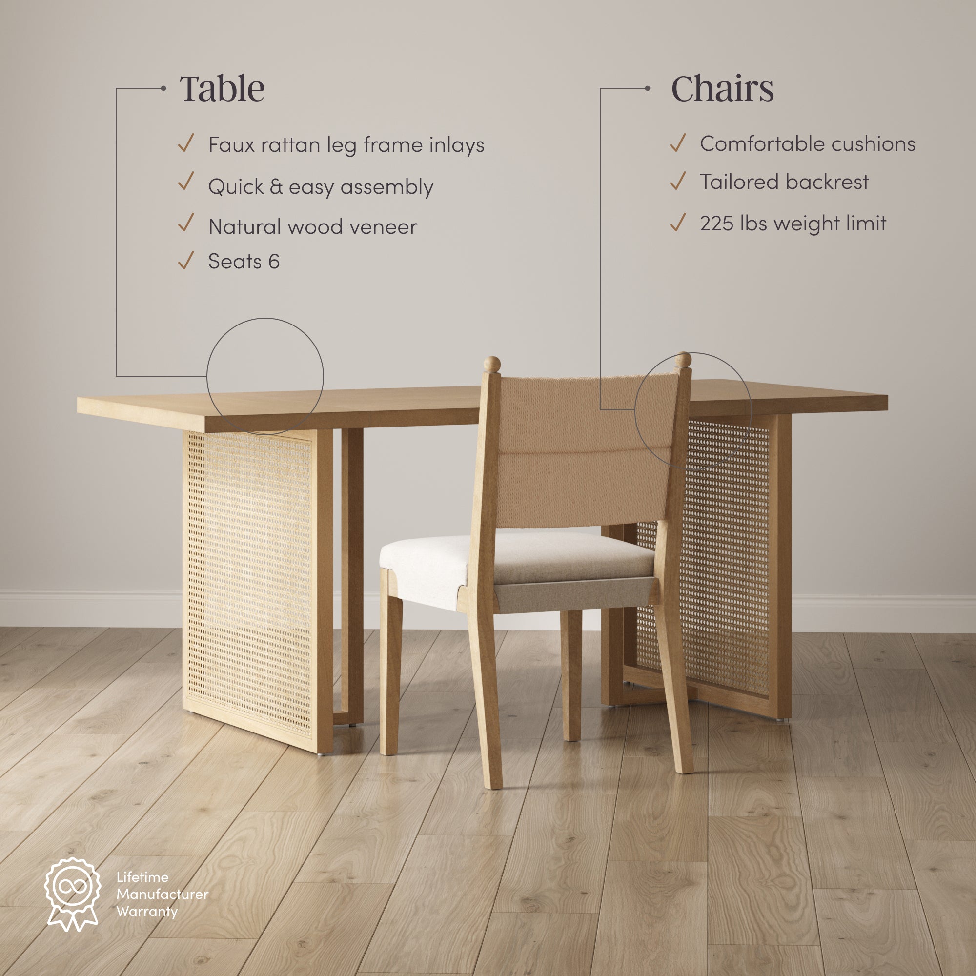 Cove Dining Set Rattan Flax Upholstered Set of 6 | Nathan James