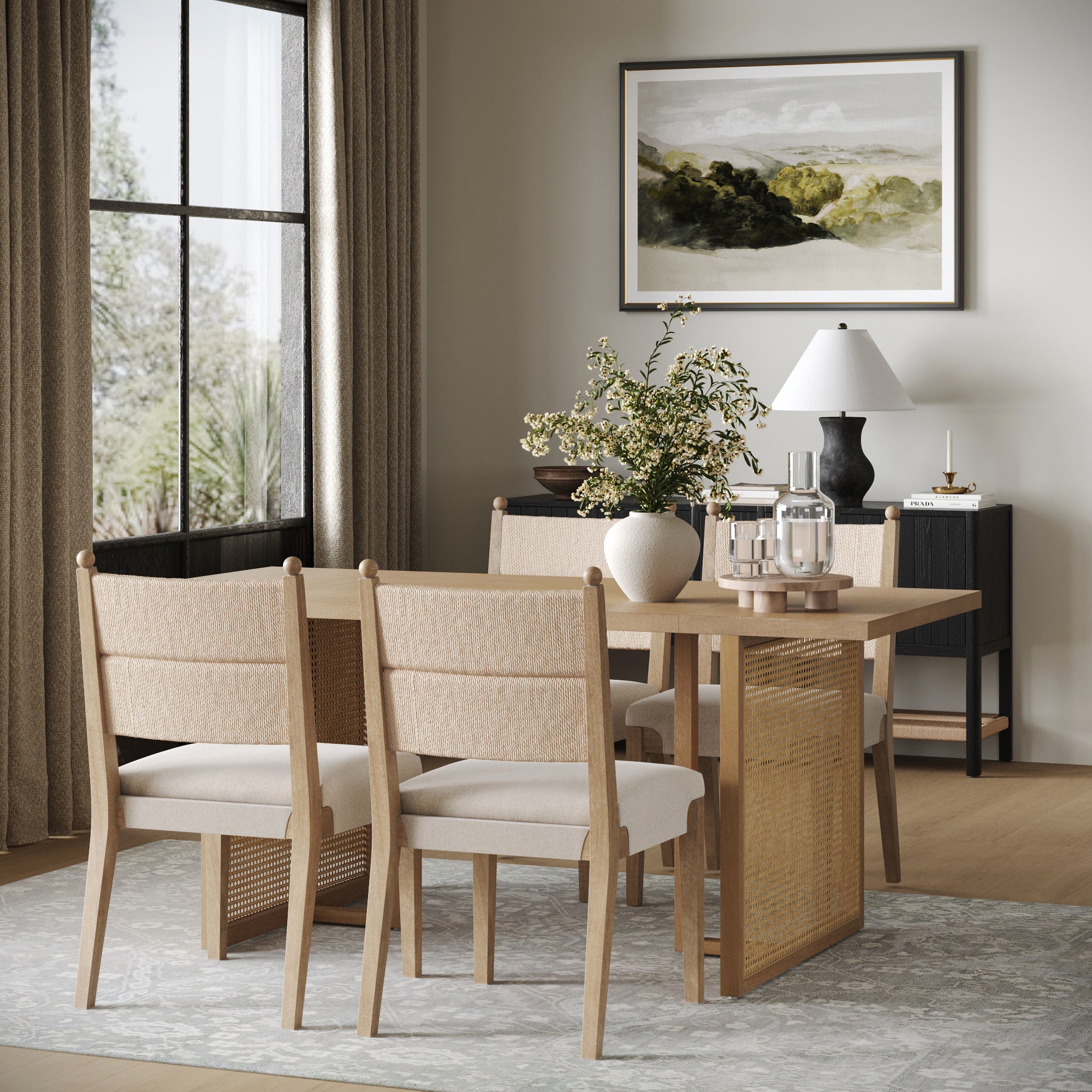 Rattan Dining Table with Flax Upholstered Chairs Set of 4 - Thumbnail 4