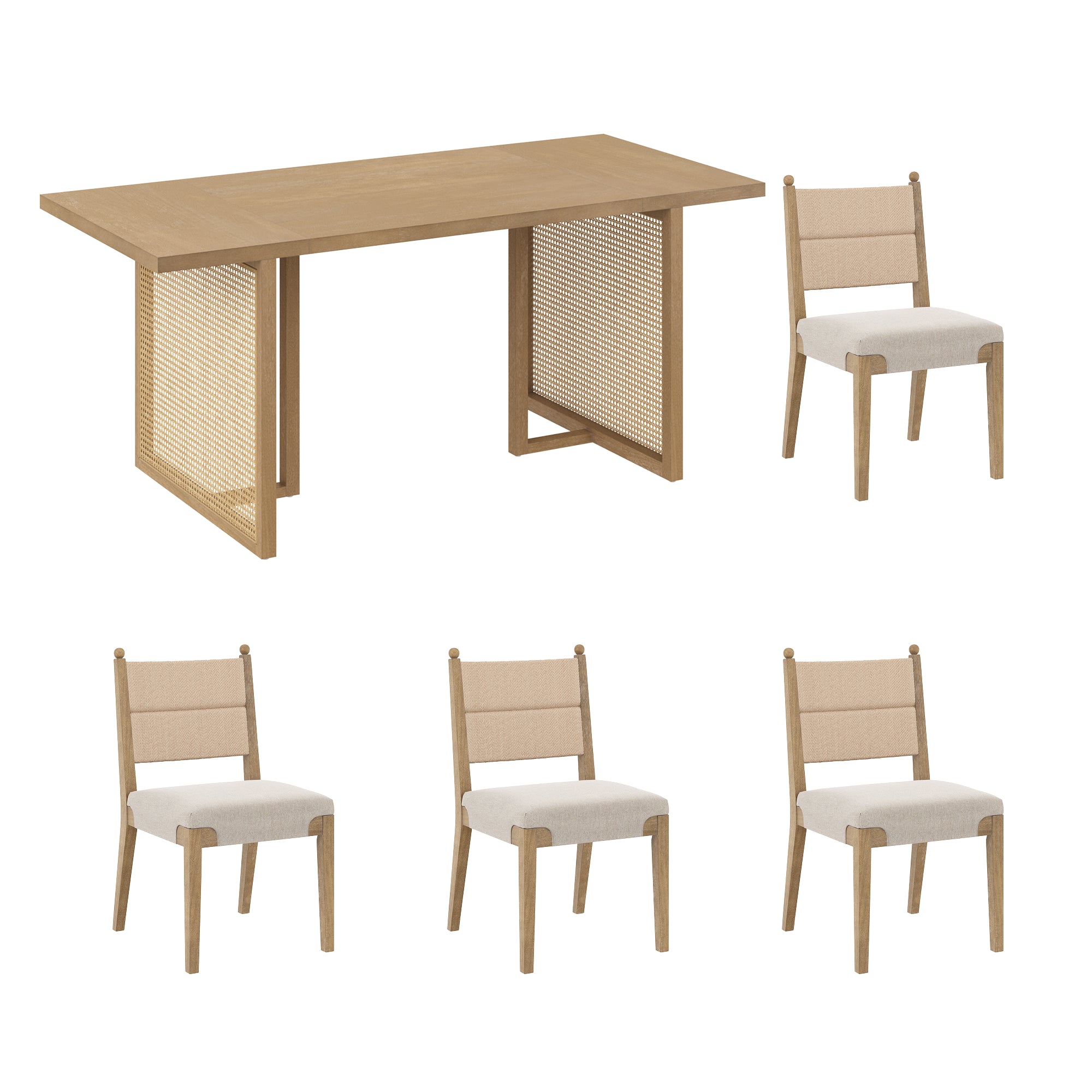Rattan Dining Table with Flax Upholstered Chairs Set of 4 - Thumbnail 3
