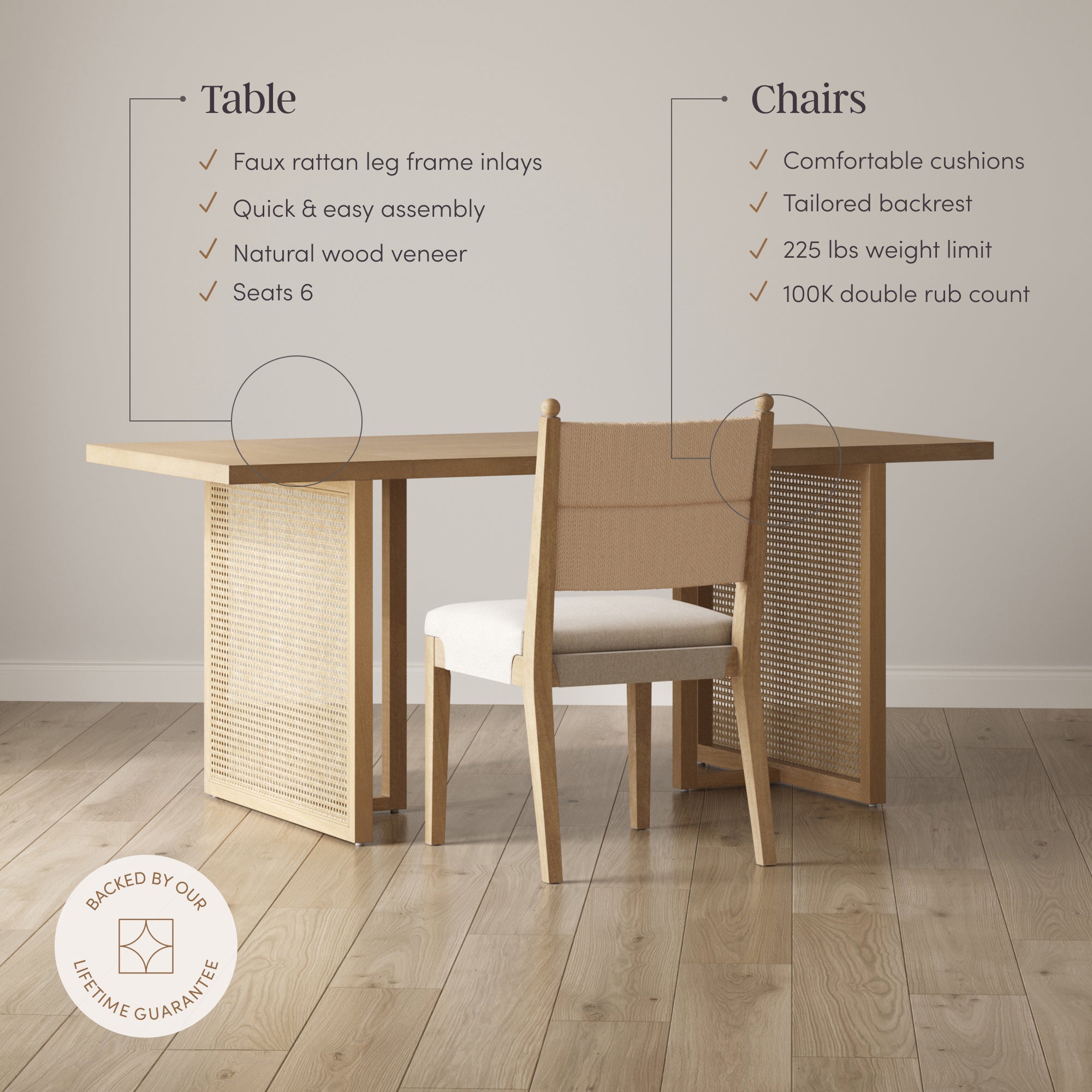 Rattan Dining Table with Flax Upholstered Chairs Set of 4 - Nathan James