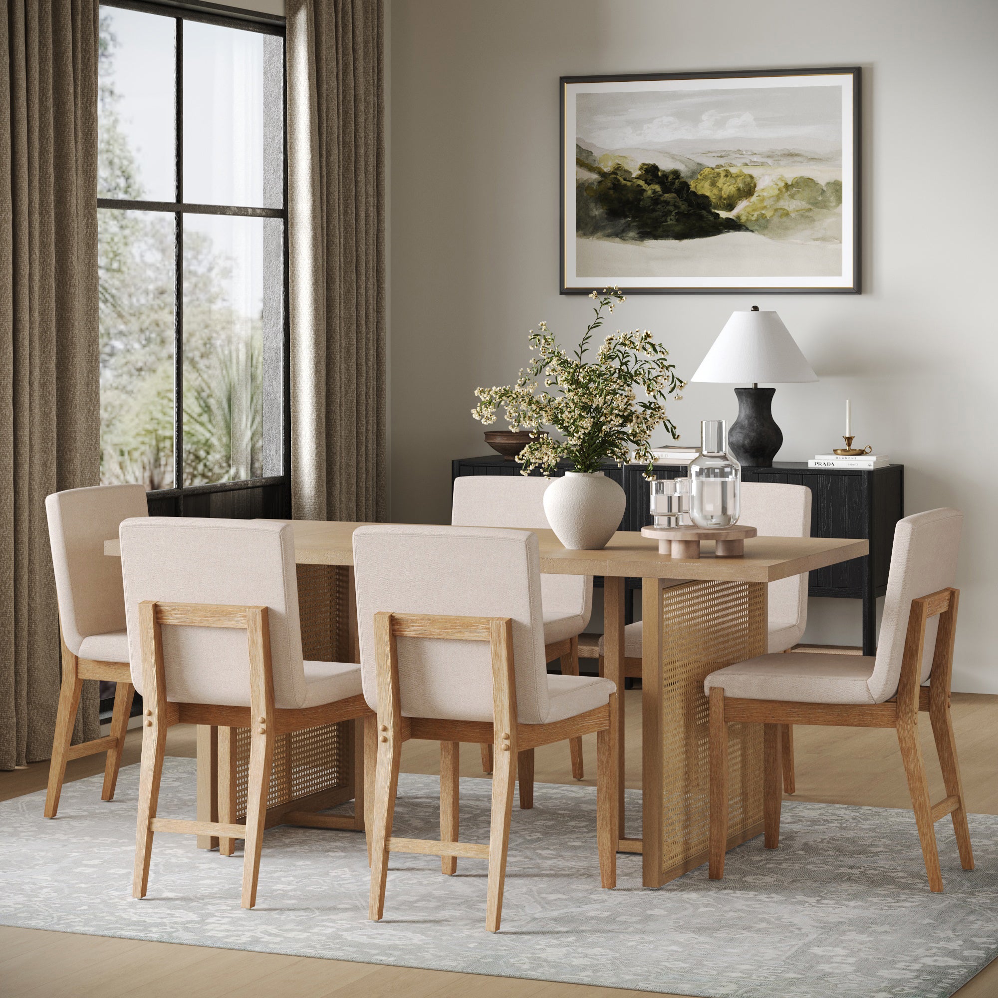 Rattan Boho Dining Set w/ Upholstered Dining Chairs - Thumbnail 3