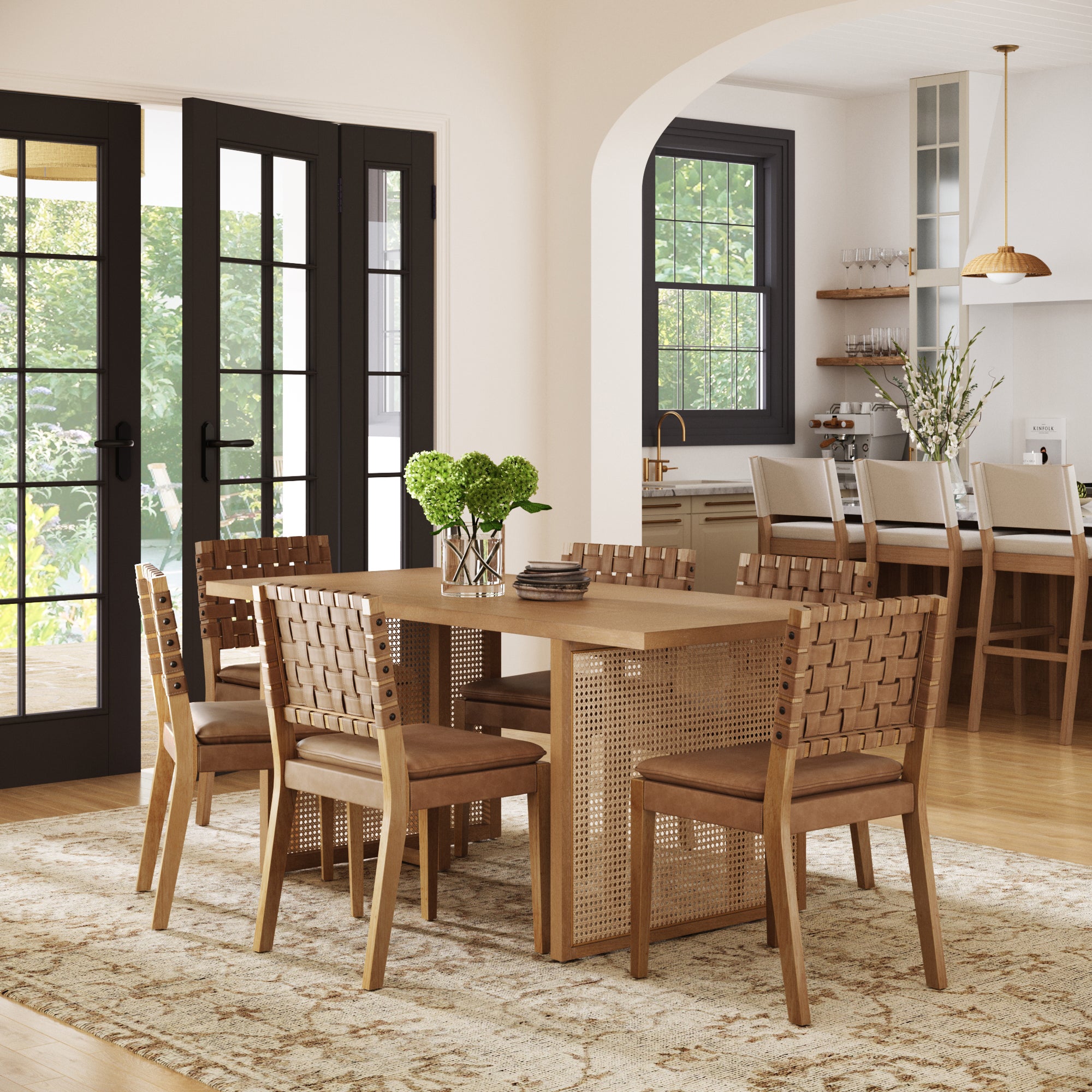 Rattan Boho Dining Table Set of 4 w/ Faux Leather Chairs - Thumbnail 4