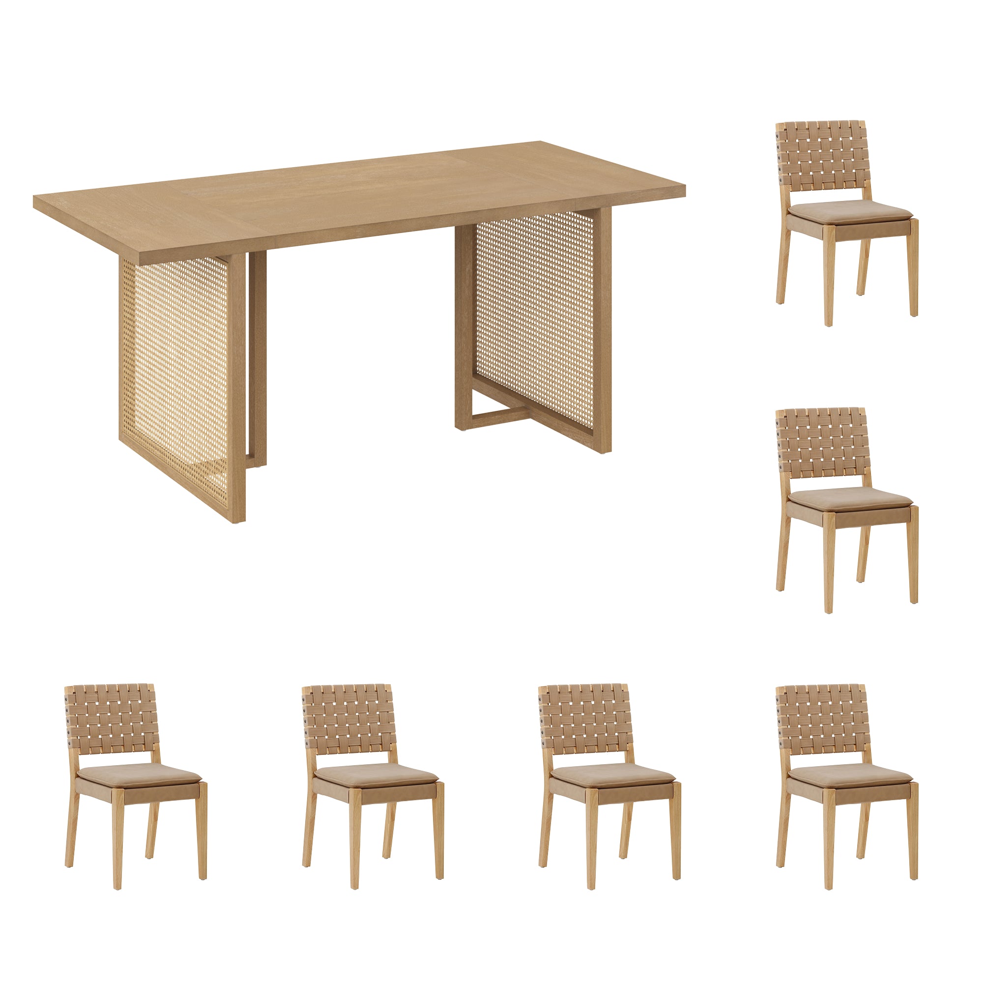 Rattan Boho Dining Table Set of 4 w/ Faux Leather Chairs - Thumbnail 5