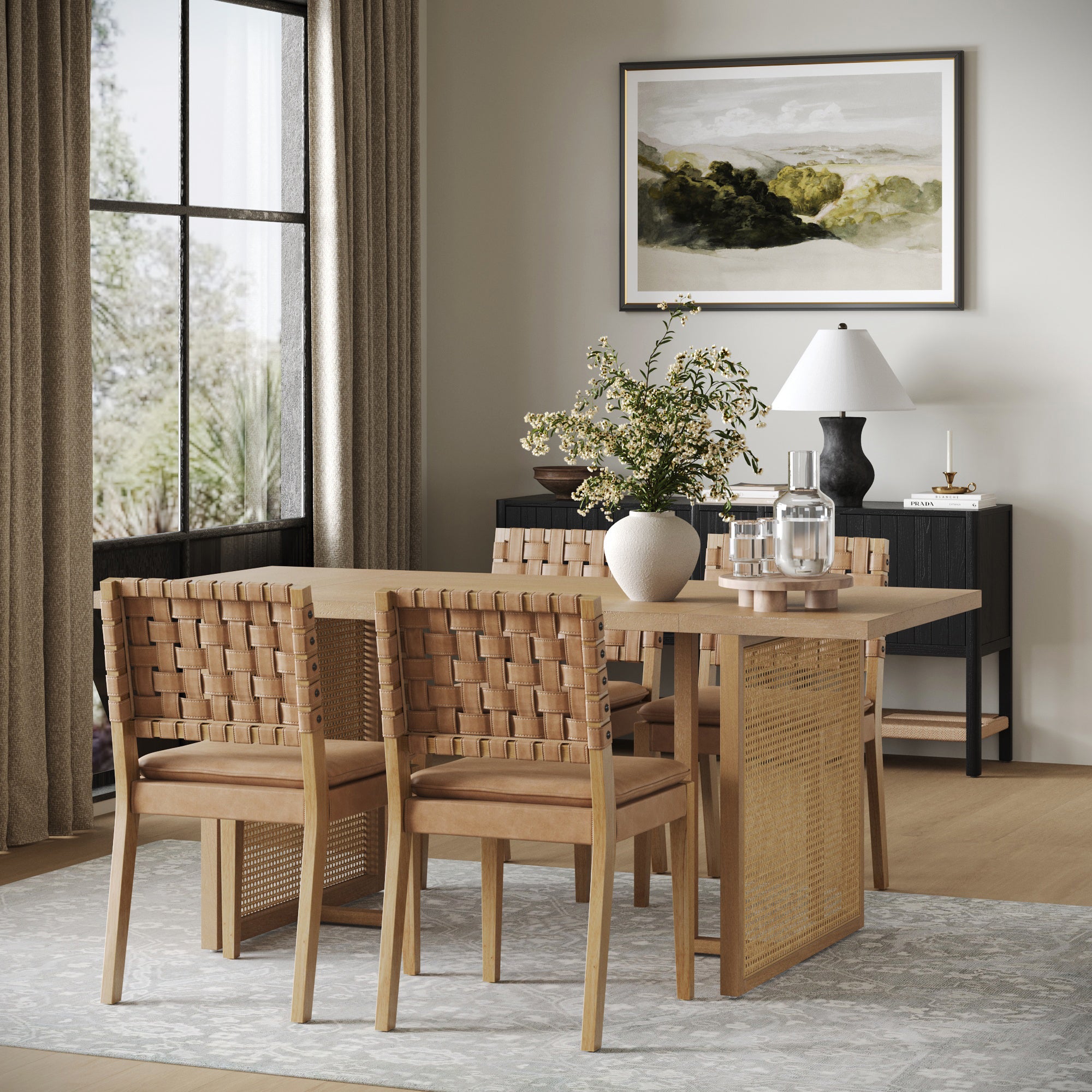 Rattan Boho Dining Table Set of 4 w/ Faux Leather Chairs - Thumbnail 2