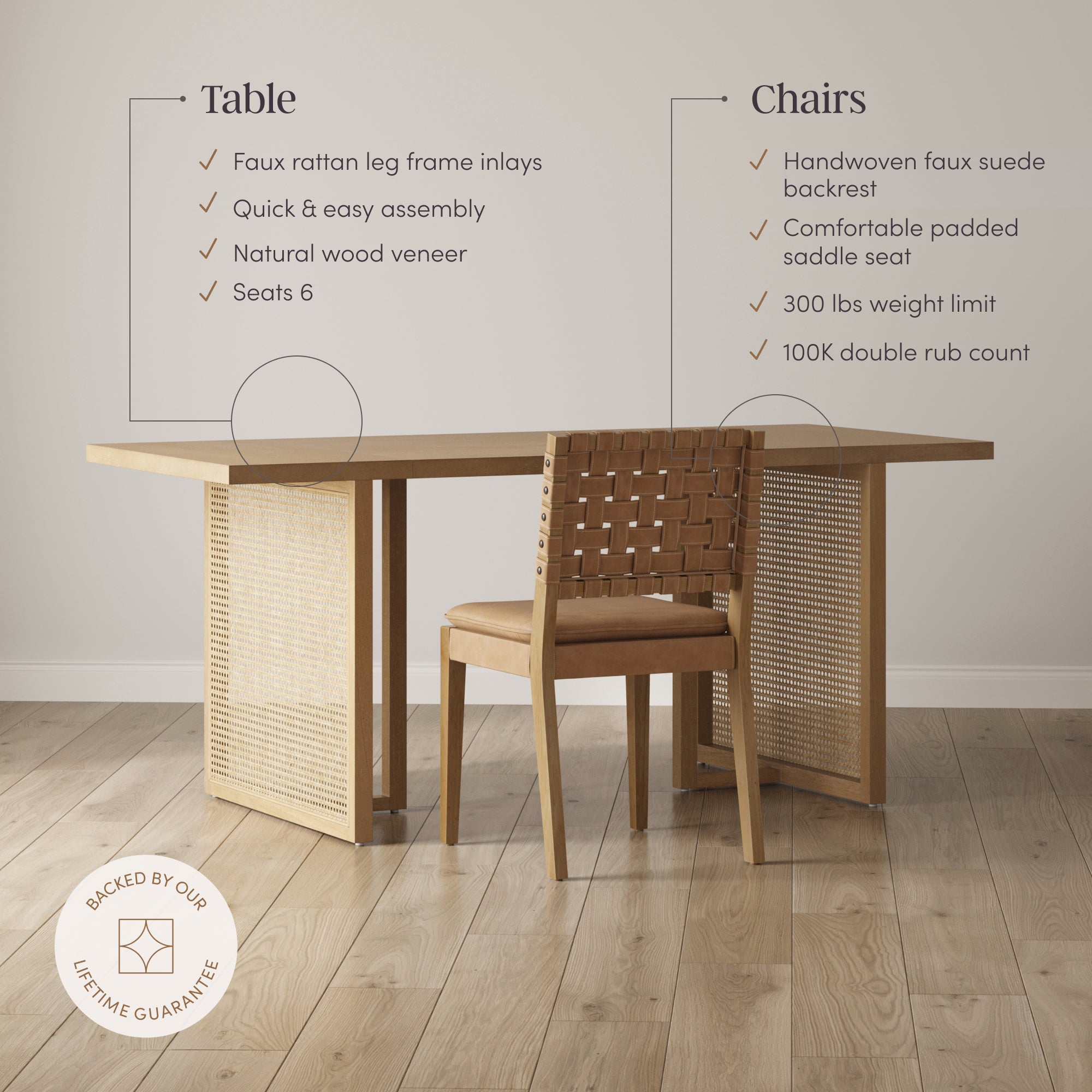 Rattan Boho Dining Table Set of 4 w/ Faux Suede Chairs - Nathan James