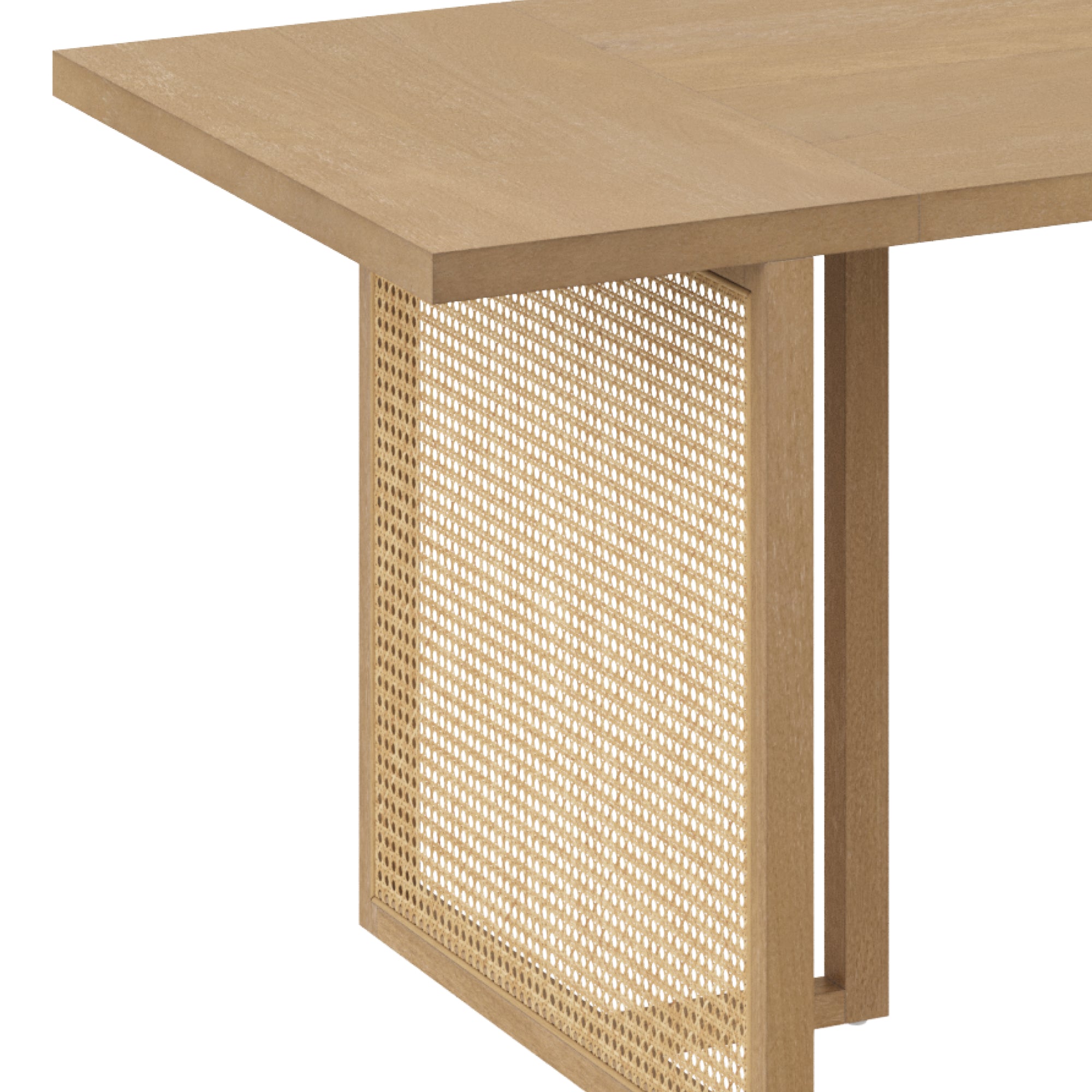 A close-up of a wooden table with a woven rattan panel integrated into the leg, showcasing modern and minimalist design details.
